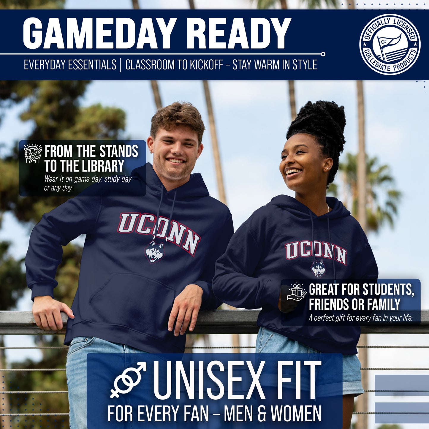 UCONN Huskies Adult Arch & Logo Soft Style Gameday Hooded Sweatshirt - Navy
