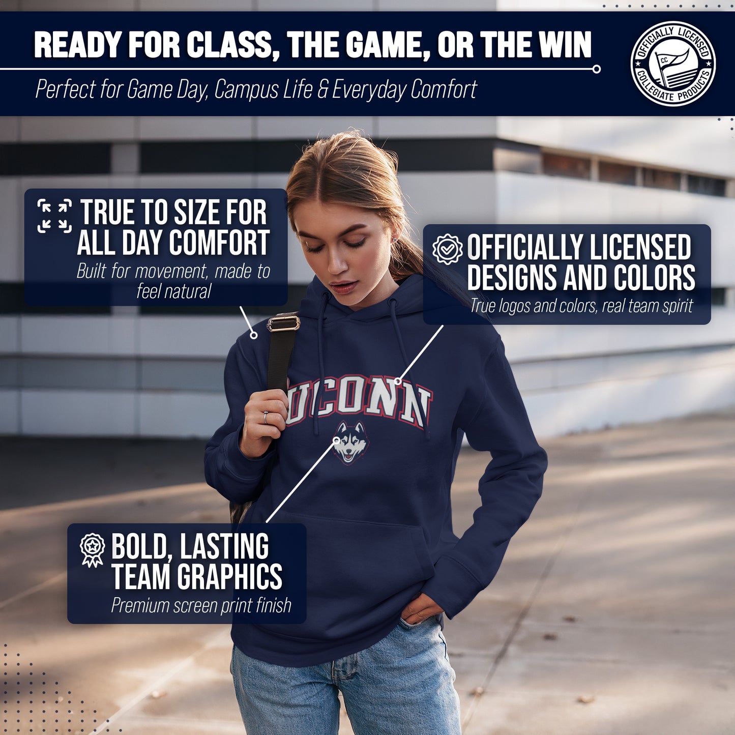 UCONN Huskies Adult Arch & Logo Soft Style Gameday Hooded Sweatshirt - Navy