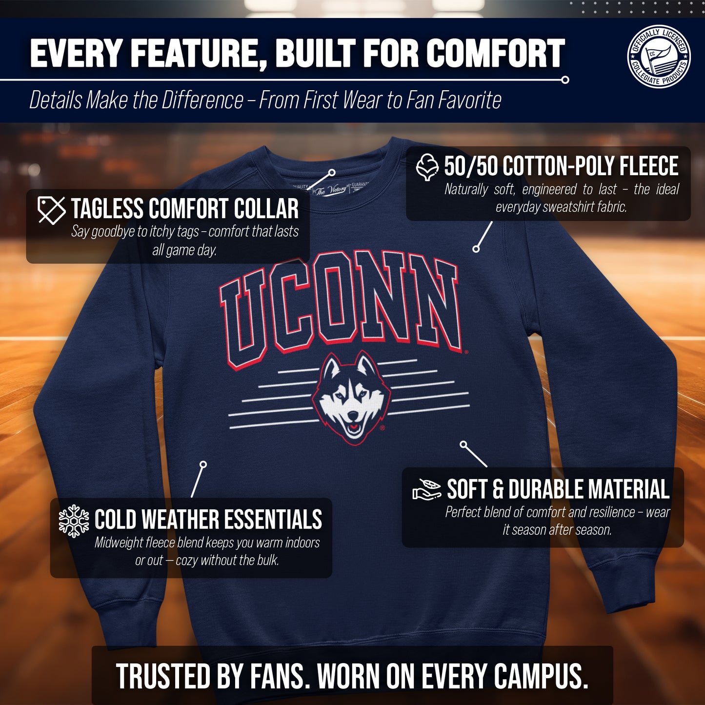 UCONN Huskies NCAA Adult Unisex Overtime Classics Crewneck Fleece Sweatshirt - Navy