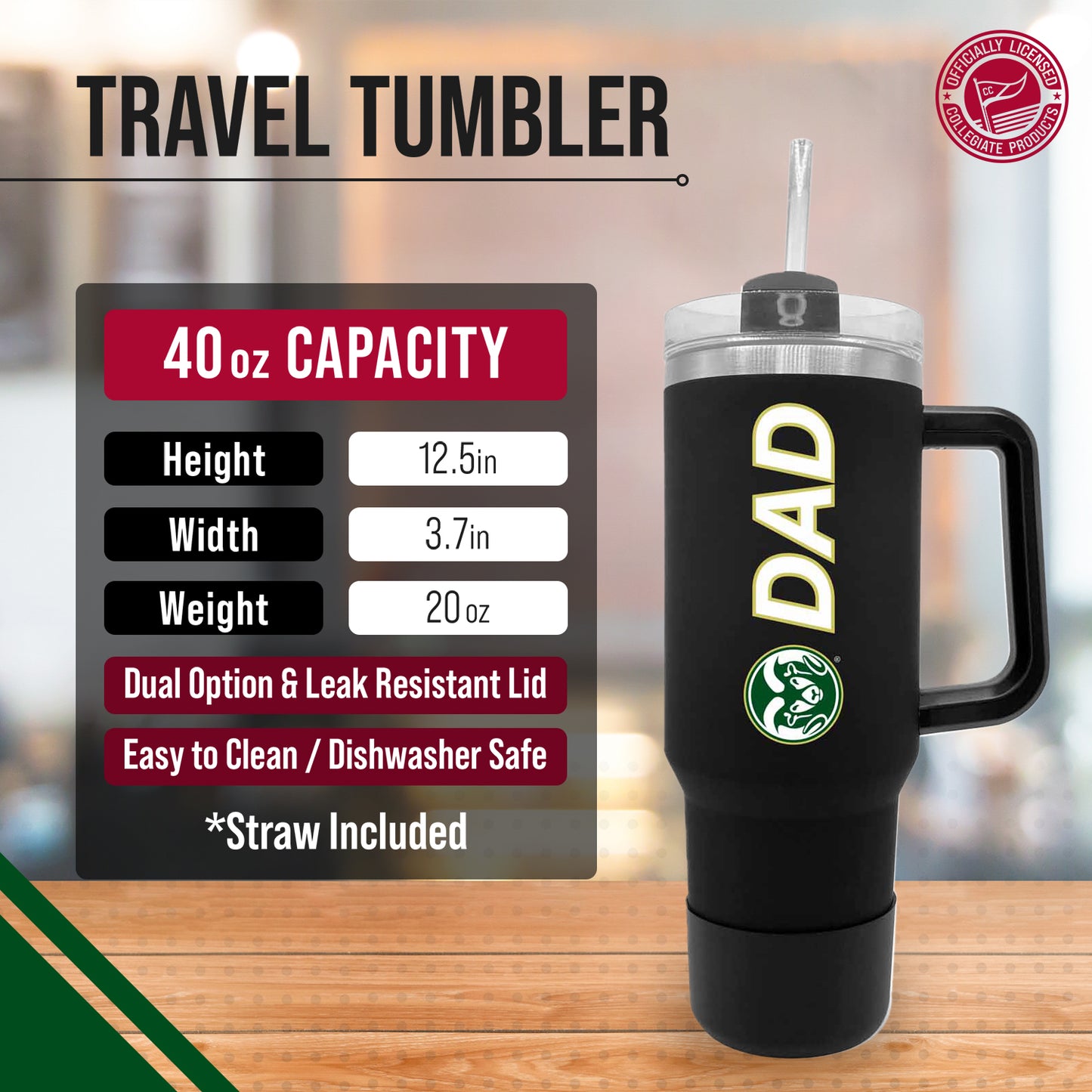Colorado State Rams Collegiate 40oz Stainless Steel Travel Tumbler with Handle for Dad - Black