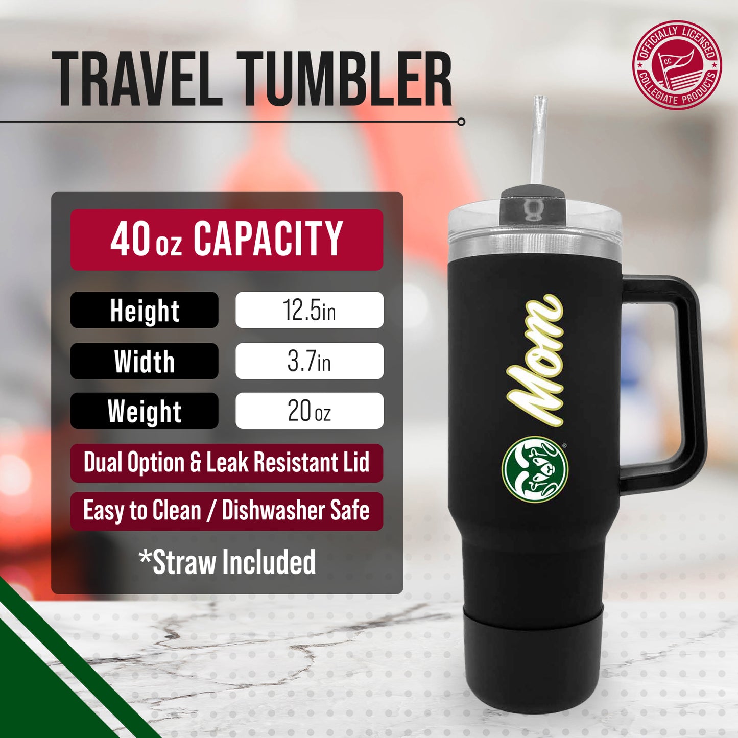 Colorado State Rams Collegiate 40oz Stainless Steel Travel Tumbler with Handle for Mom - Black