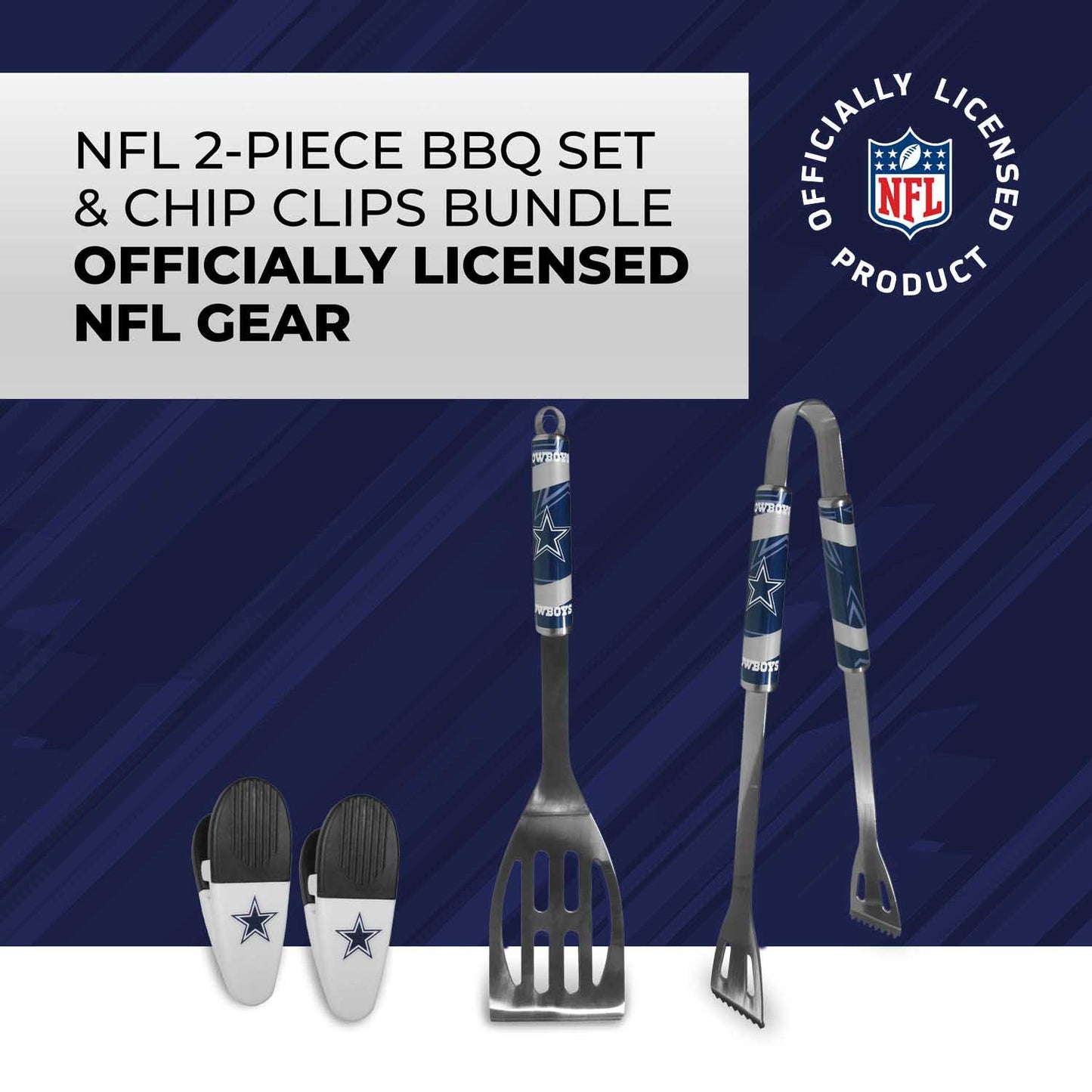 Dallas Cowboys NFL Two Piece Grilling Tools Set with 2 Magnet Chip Clips - Chrome
