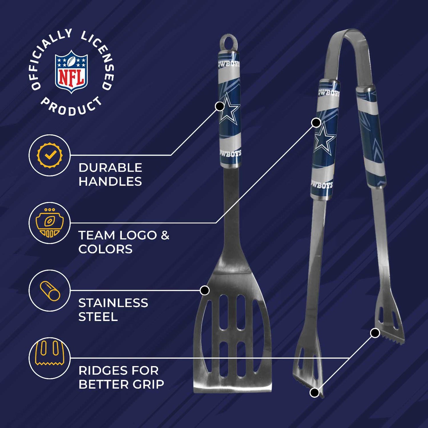 Dallas Cowboys NFL Two Piece Grilling Tools Set with 2 Magnet Chip Clips - Chrome
