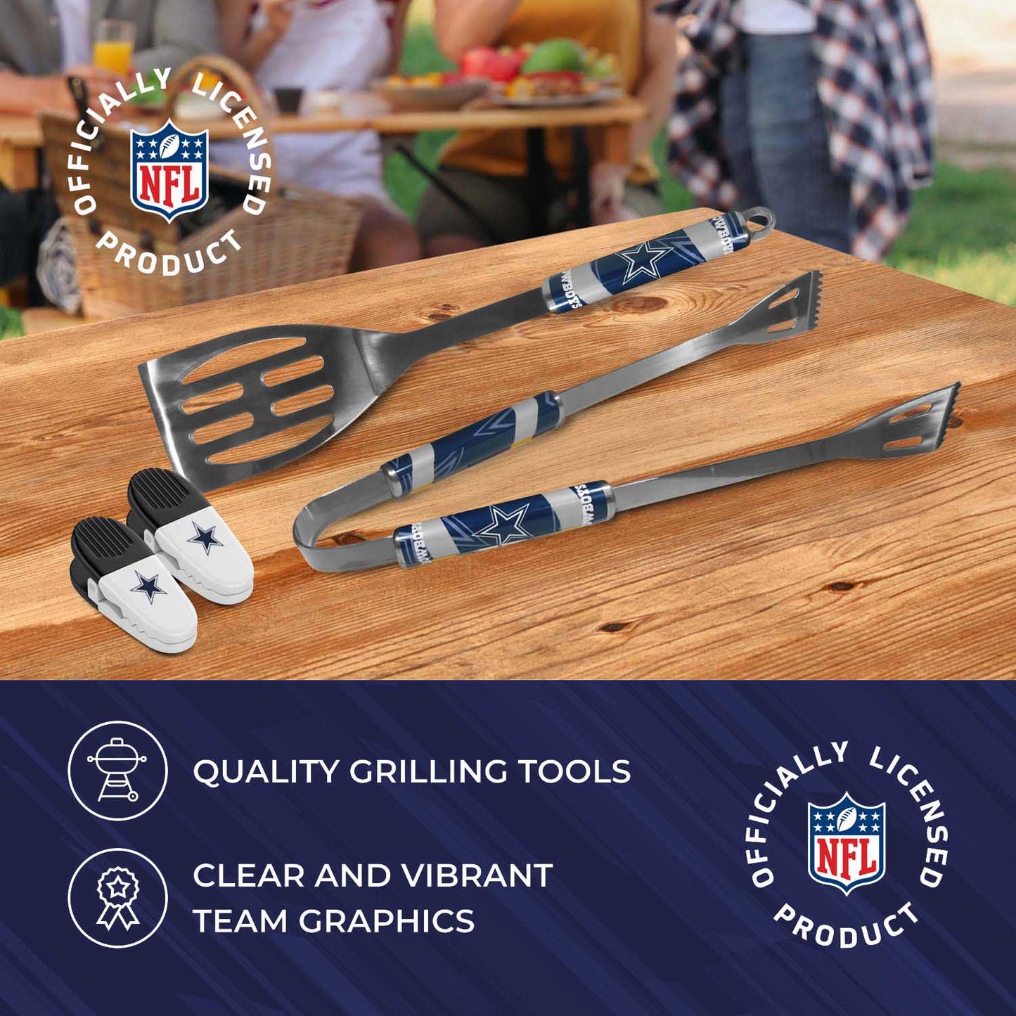 Dallas Cowboys NFL Two Piece Grilling Tools Set with 2 Magnet Chip Clips - Chrome