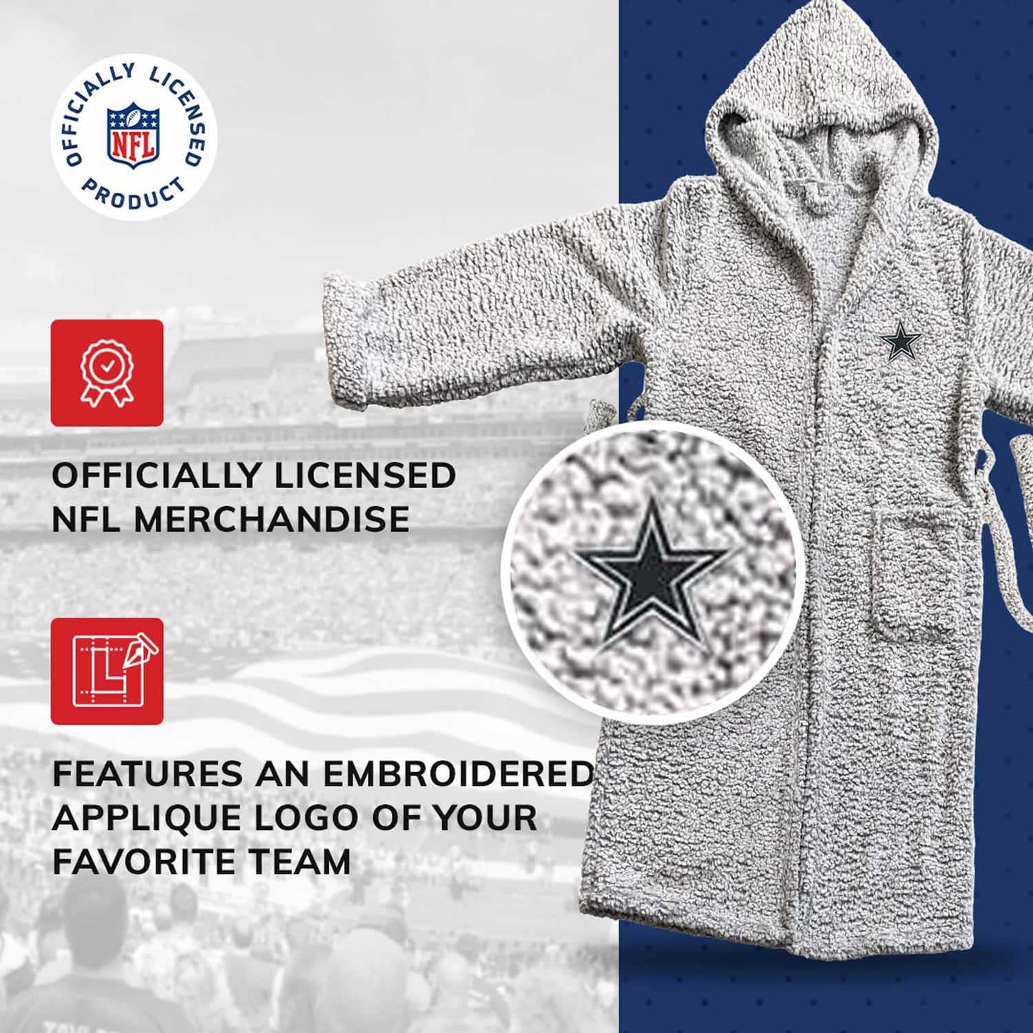 Dallas Cowboys NFL Plush Hooded Robe with Pockets - Gray