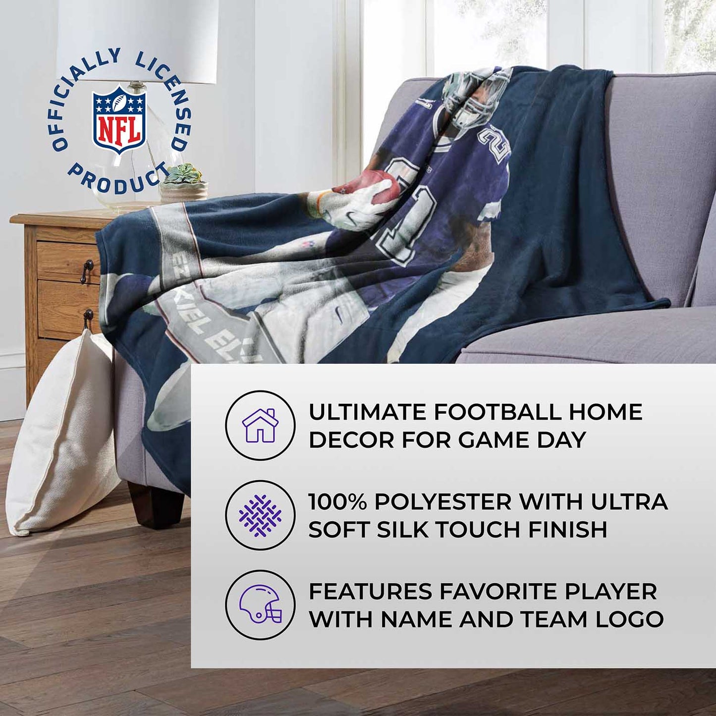 Dallas Cowboys NFL Hi-Def Ezekiel Elliot Silk Blanket - Navy