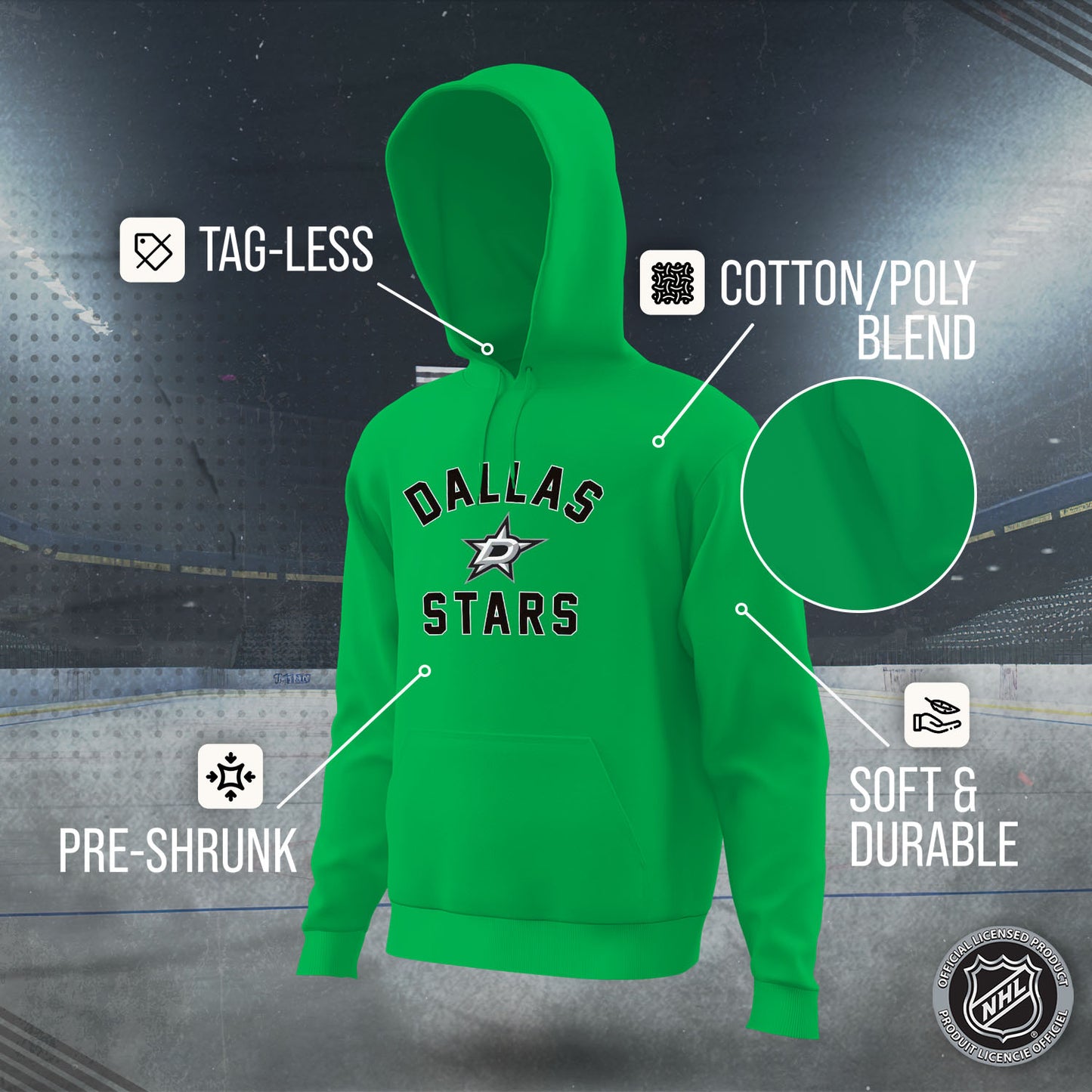 Dallas Stars Adult NHL Gameday Hooded Sweatshirt - Kelly Green