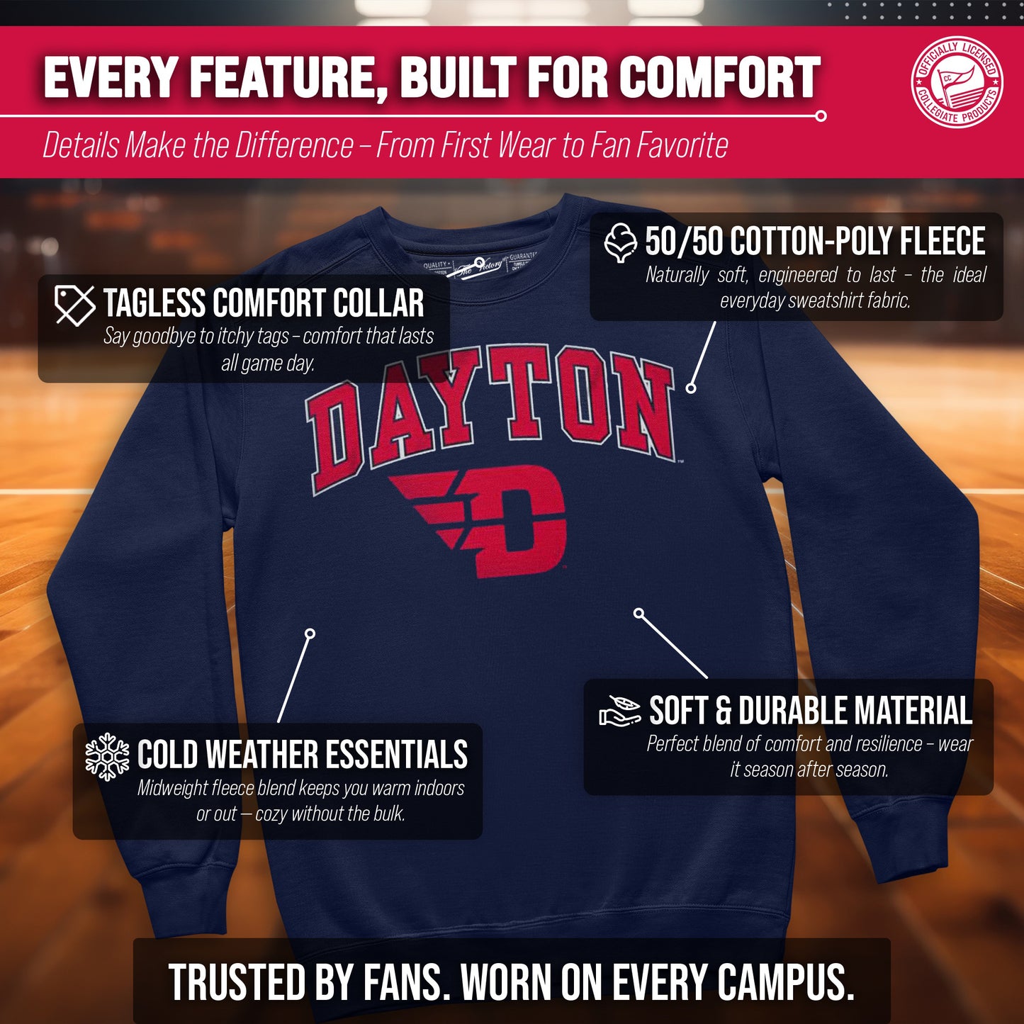Dayton Flyers Adult Arch & Logo Soft Style Gameday Crewneck Sweatshirt - Navy