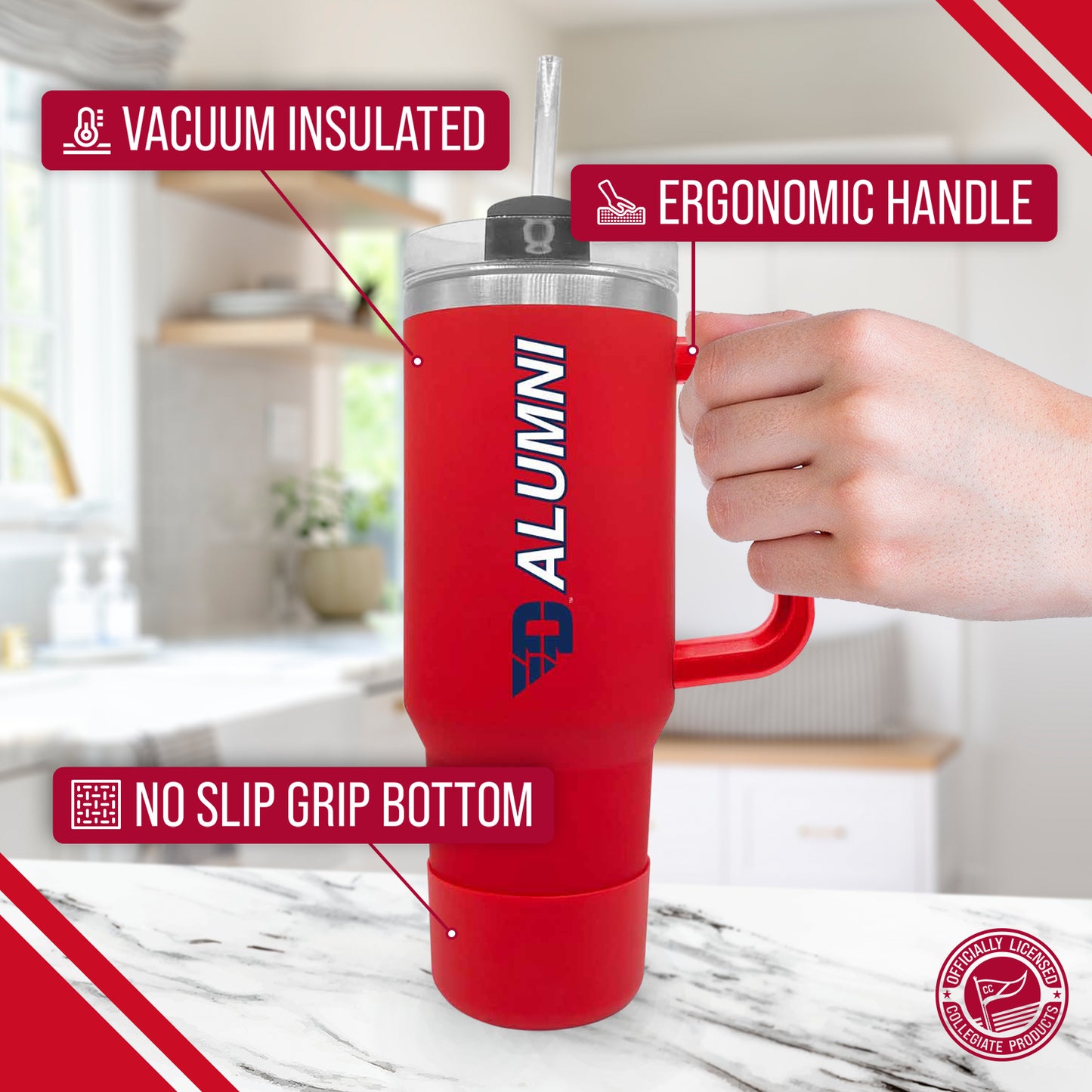 Dayton Flyers Collegiate 40oz Stainless Steel Travel Tumbler with Handle for Alumni - Red