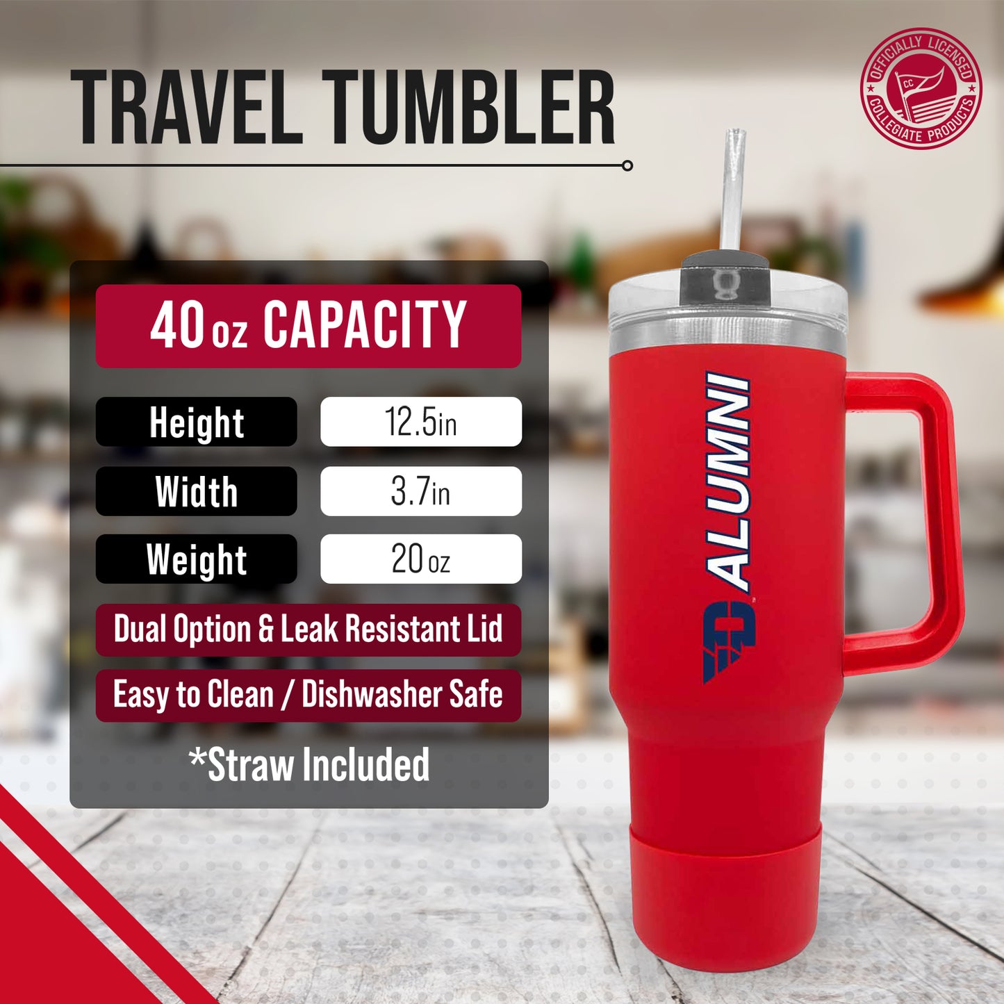 Dayton Flyers Collegiate 40oz Stainless Steel Travel Tumbler with Handle for Alumni - Red
