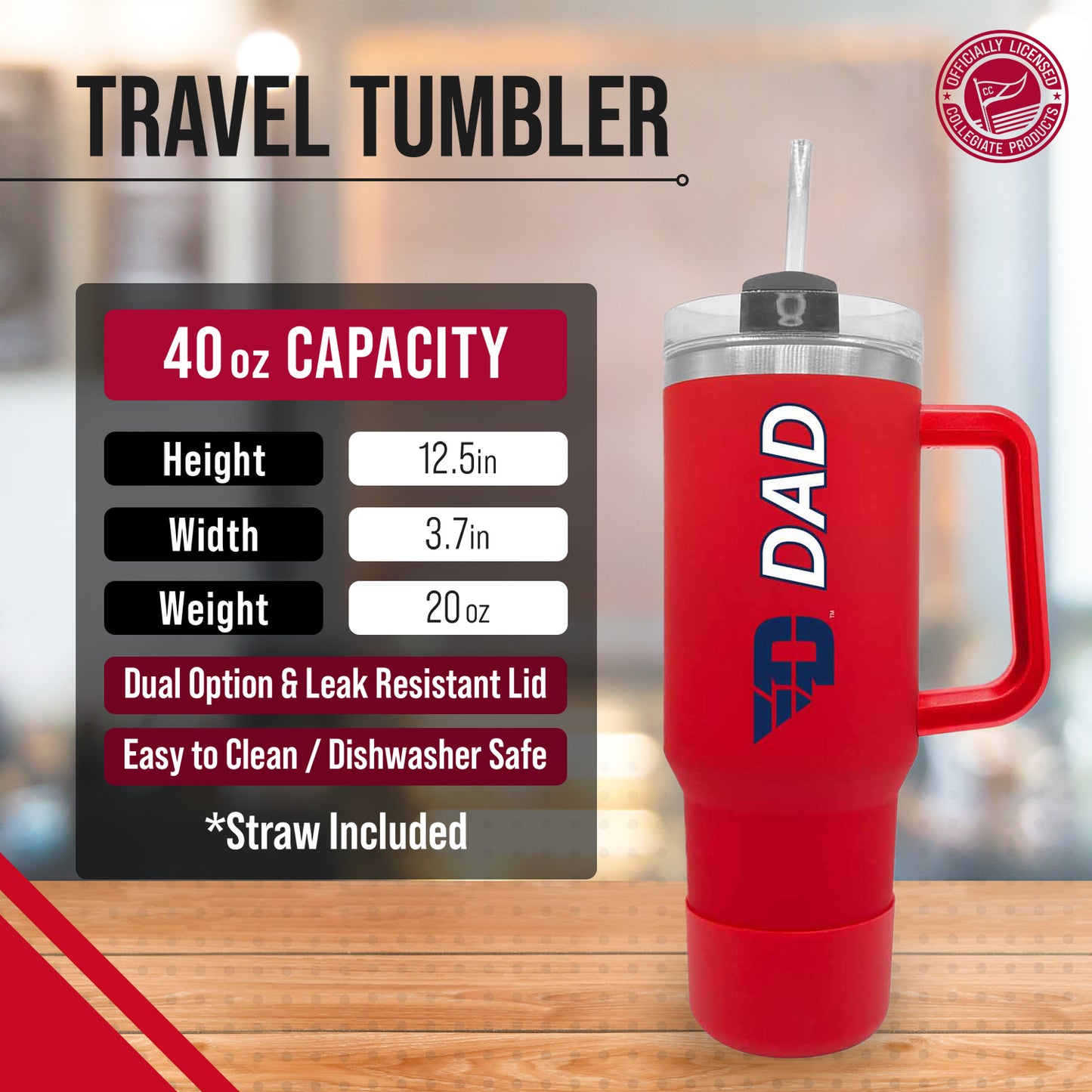 Dayton Flyers Collegiate 40oz Stainless Steel Travel Tumbler with Handle for Dad - Red