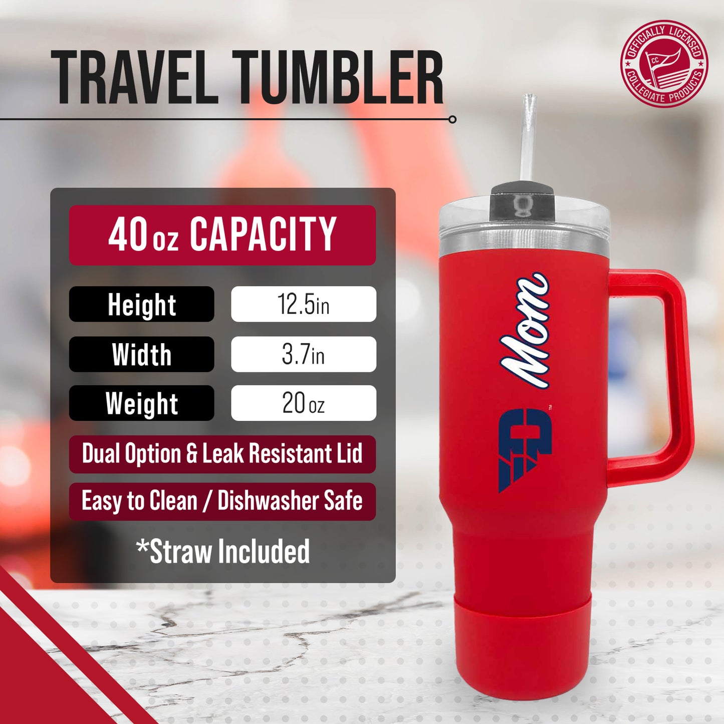 Dayton Flyers Collegiate 40oz Stainless Steel Travel Tumbler with Handle for Mom - Red