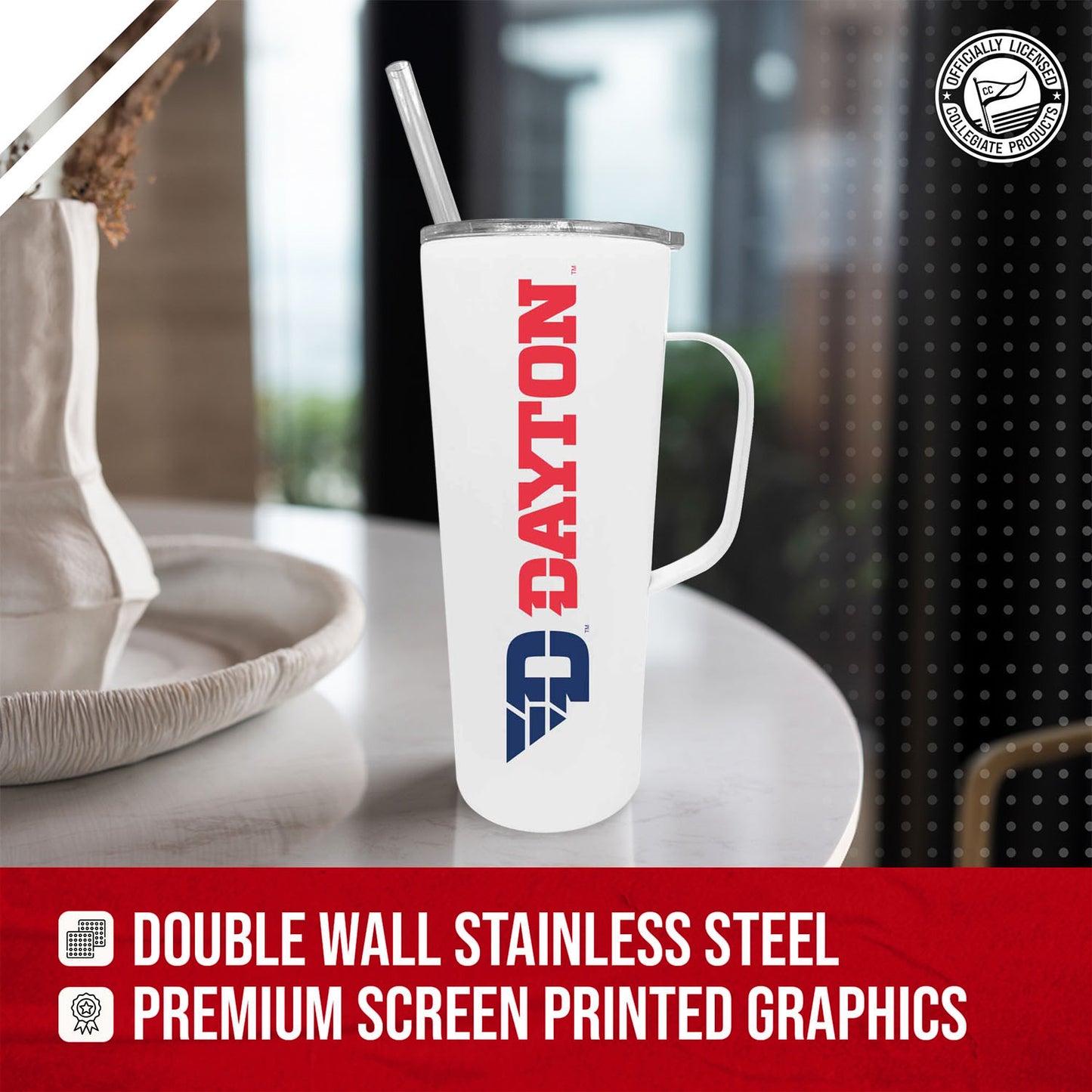Dayton Flyers NCAA Stainless Steel 20oz Roadie With Handle & Dual Option Lid With Straw - White