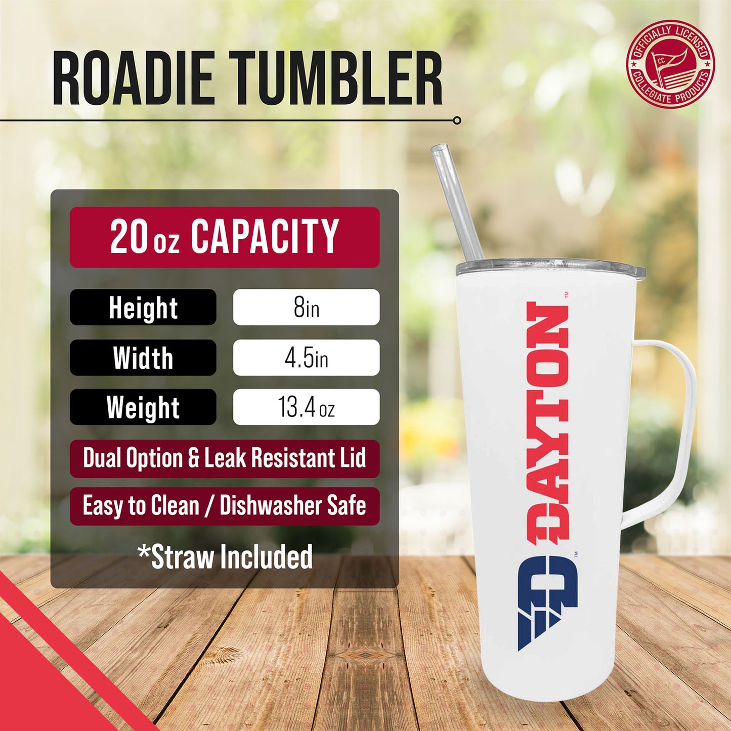 Dayton Flyers NCAA Stainless Steel 20oz Roadie With Handle & Dual Option Lid With Straw - White