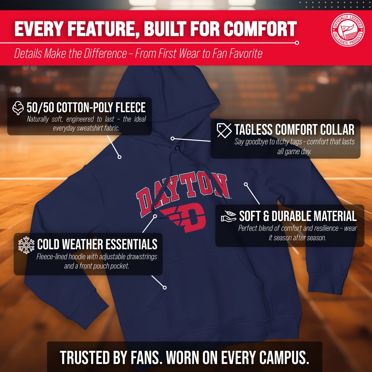Dayton Flyers Adult Arch & Logo Soft Style Gameday Hooded Sweatshirt - Navy