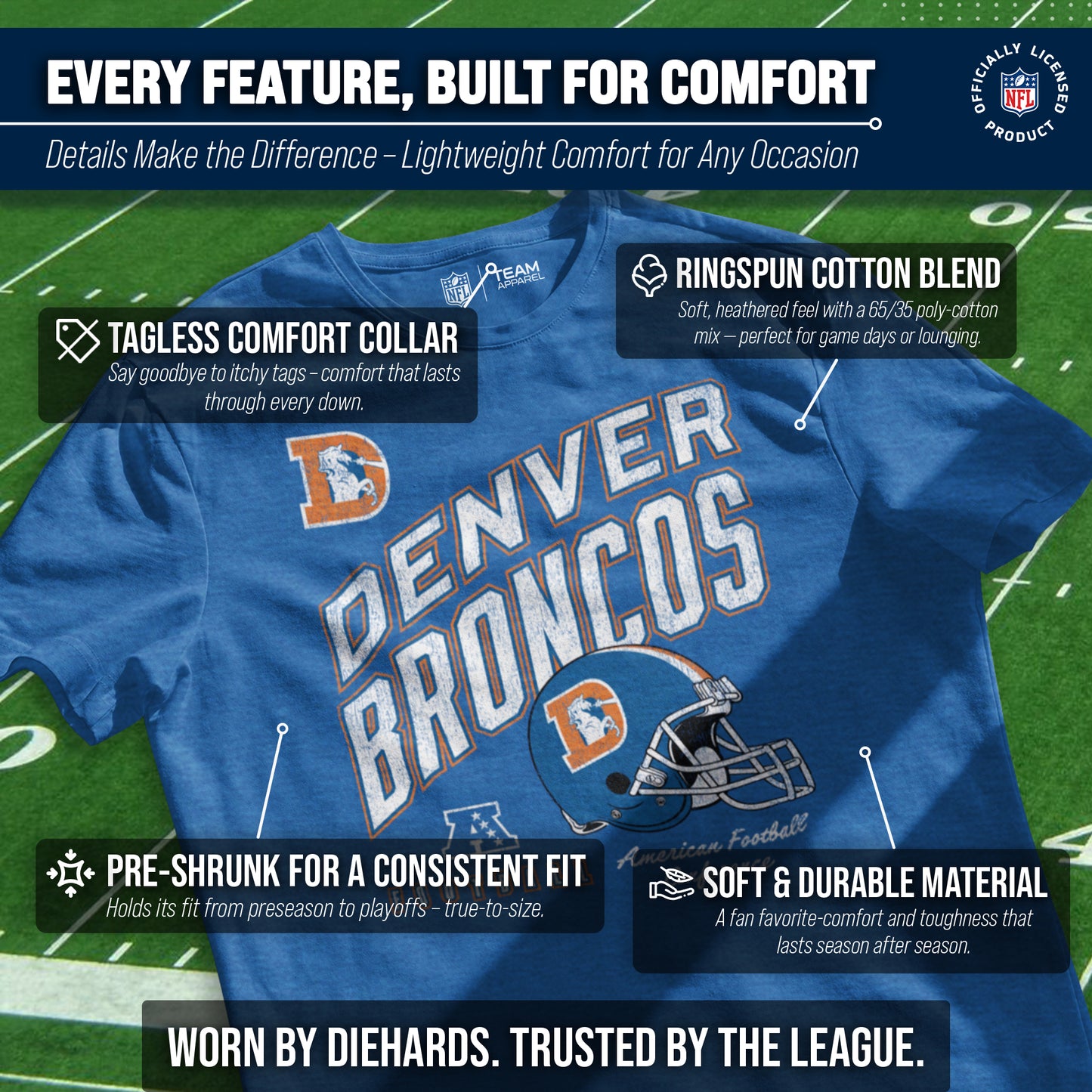 Denver Broncos NFL Adult Distressed Helmet Tag-Less T-Shirt - Royal Heather