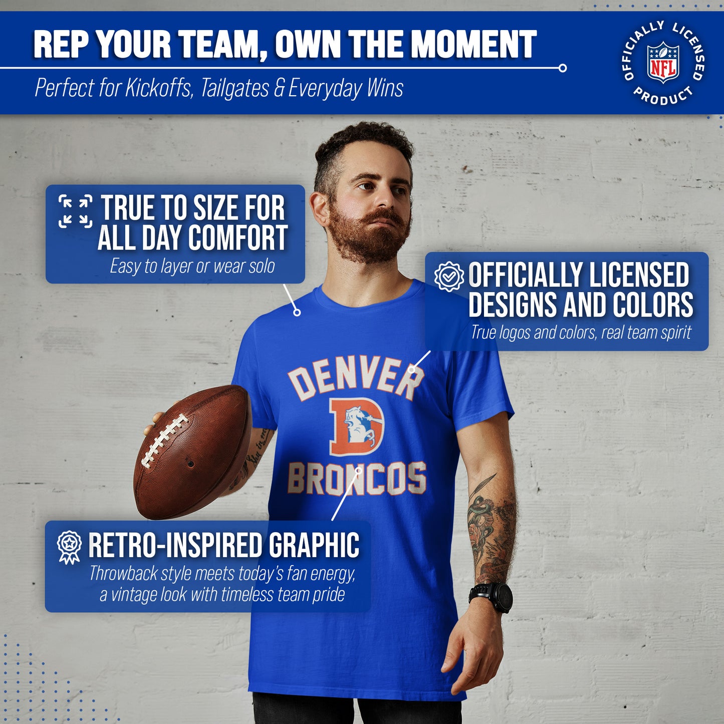 Denver Broncos NFL Adult Retro Gameday Unisex T-Shirt - Royal