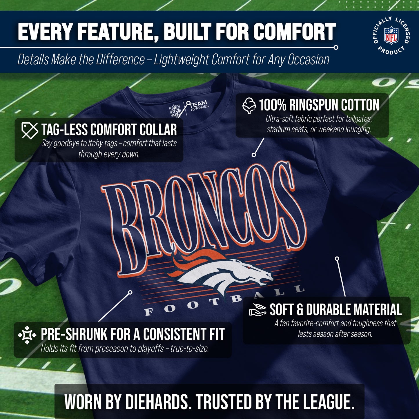 Denver Broncos NFL Adult Overtime Blueprint Tag-Less T-Shirt - Navy
