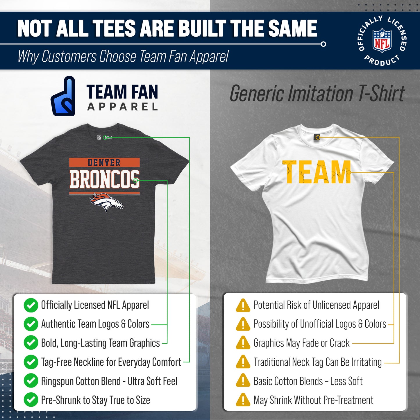 Denver Broncos NFL Adult Team Block Tagless T-Shirt - Charcoal