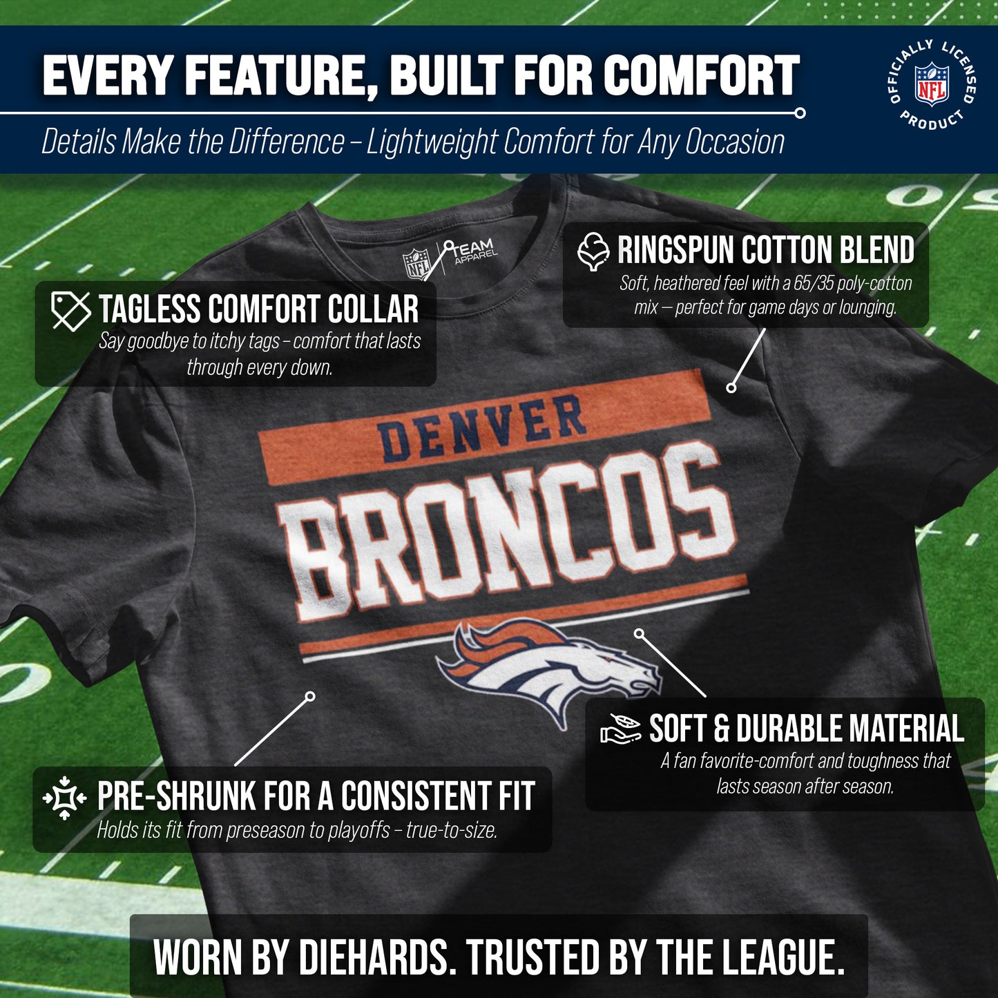 Denver Broncos NFL Adult Team Block Tagless T-Shirt - Charcoal