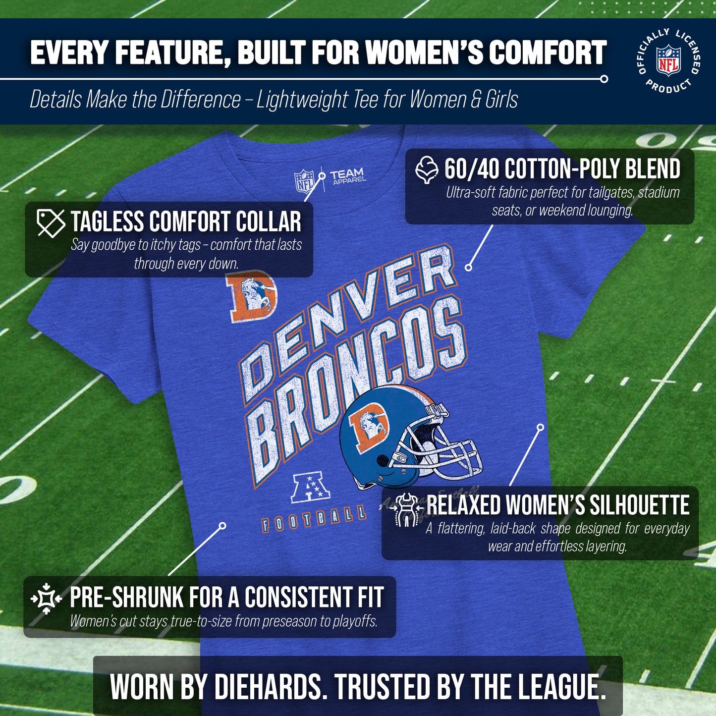 Denver Broncos NFL Womens Distressed Helmet Tag-Less Soft T-Shirt - Royal Heather