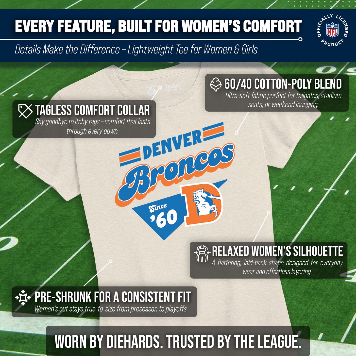 Denver Broncos NFL Womens Vintage Charm Tag-Less Soft T-Shirt - Birch