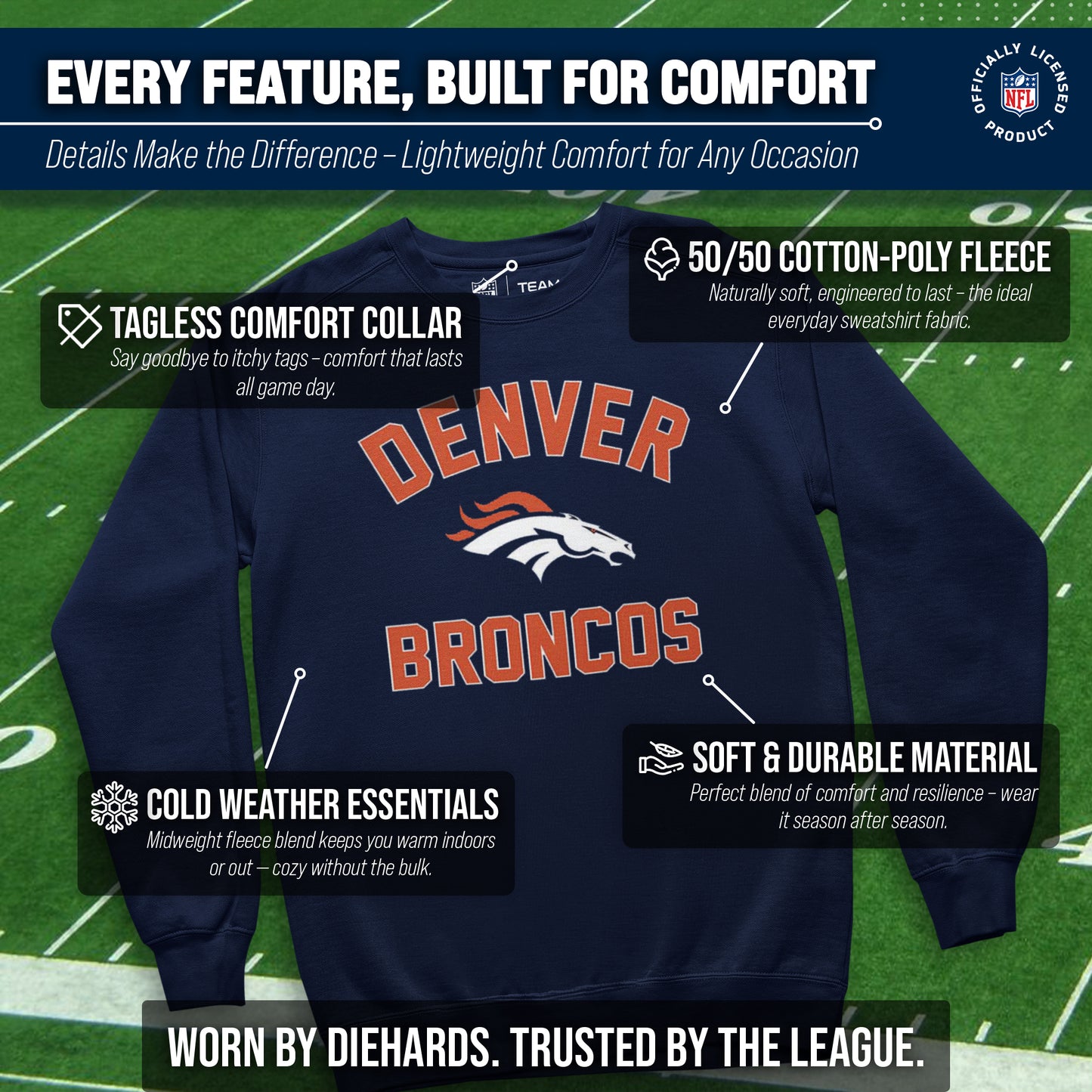Denver Broncos NFL Gameday Adult Crewneck Sweatshirt - Navy