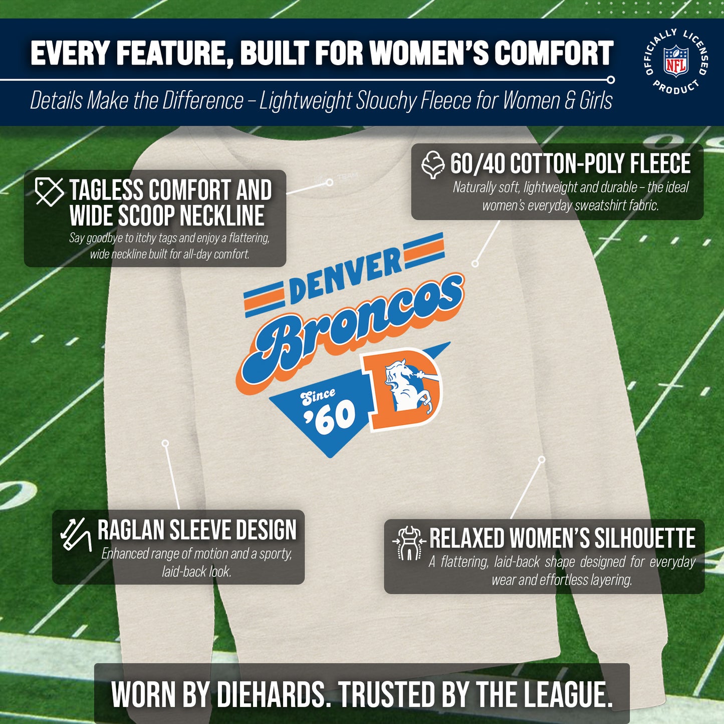 Denver Broncos NFL Womens Vintage Charm Slouchy Crewneck - Birch