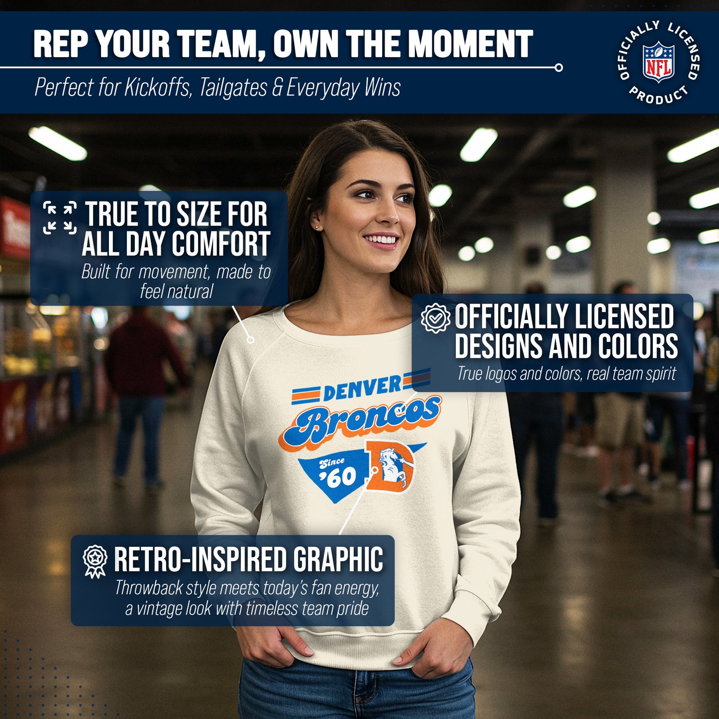 Denver Broncos NFL Womens Vintage Charm Slouchy Crewneck - Birch