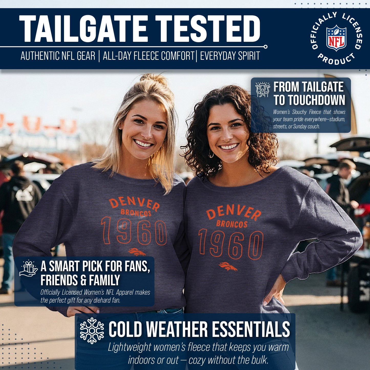 Denver Broncos NFL Womens Big Date Slouchy Crewneck - Navy Heather