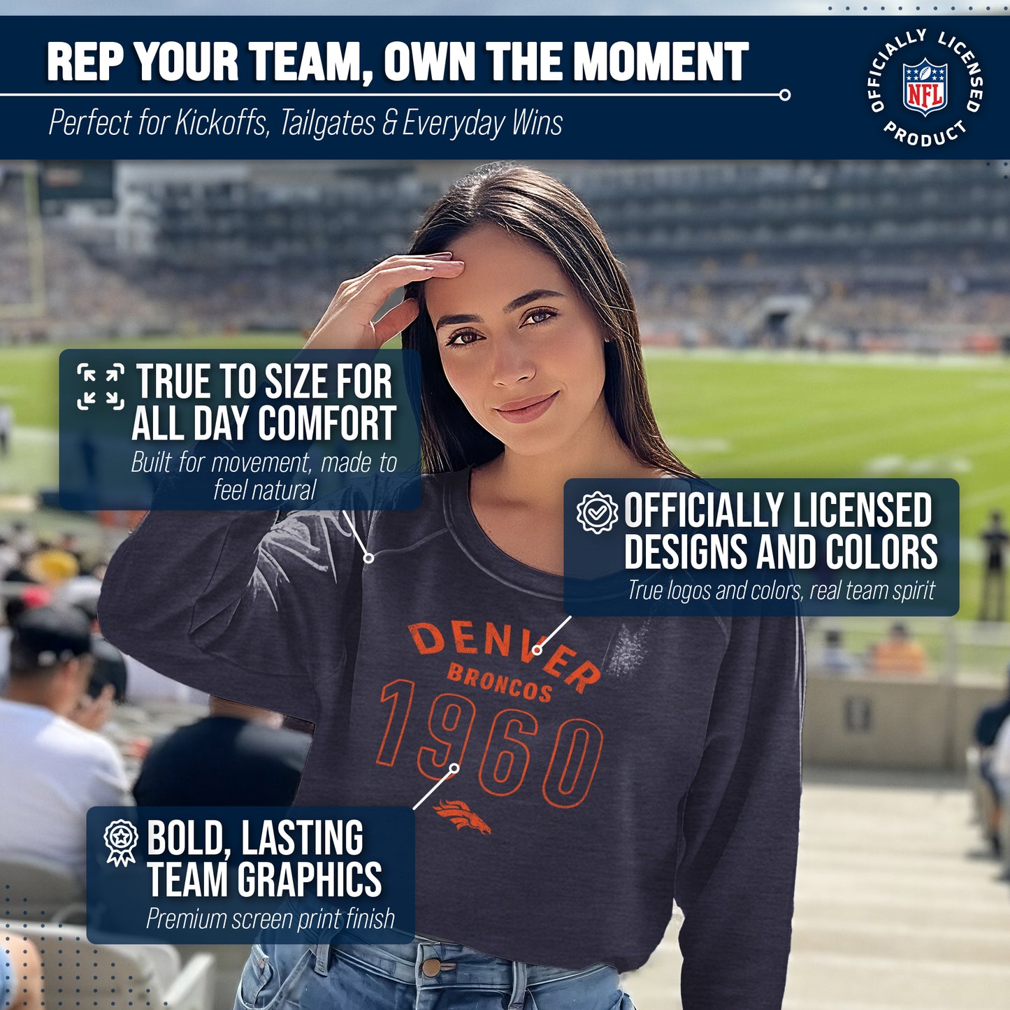 Denver Broncos NFL Womens Big Date Slouchy Crewneck - Navy Heather