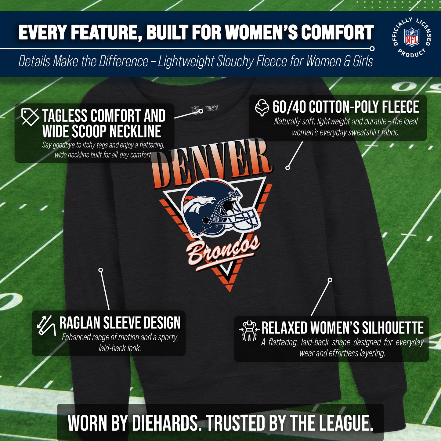 Denver Broncos NFL Womens Retro Triangle Slouchy Crewneck - Heather Charcoal