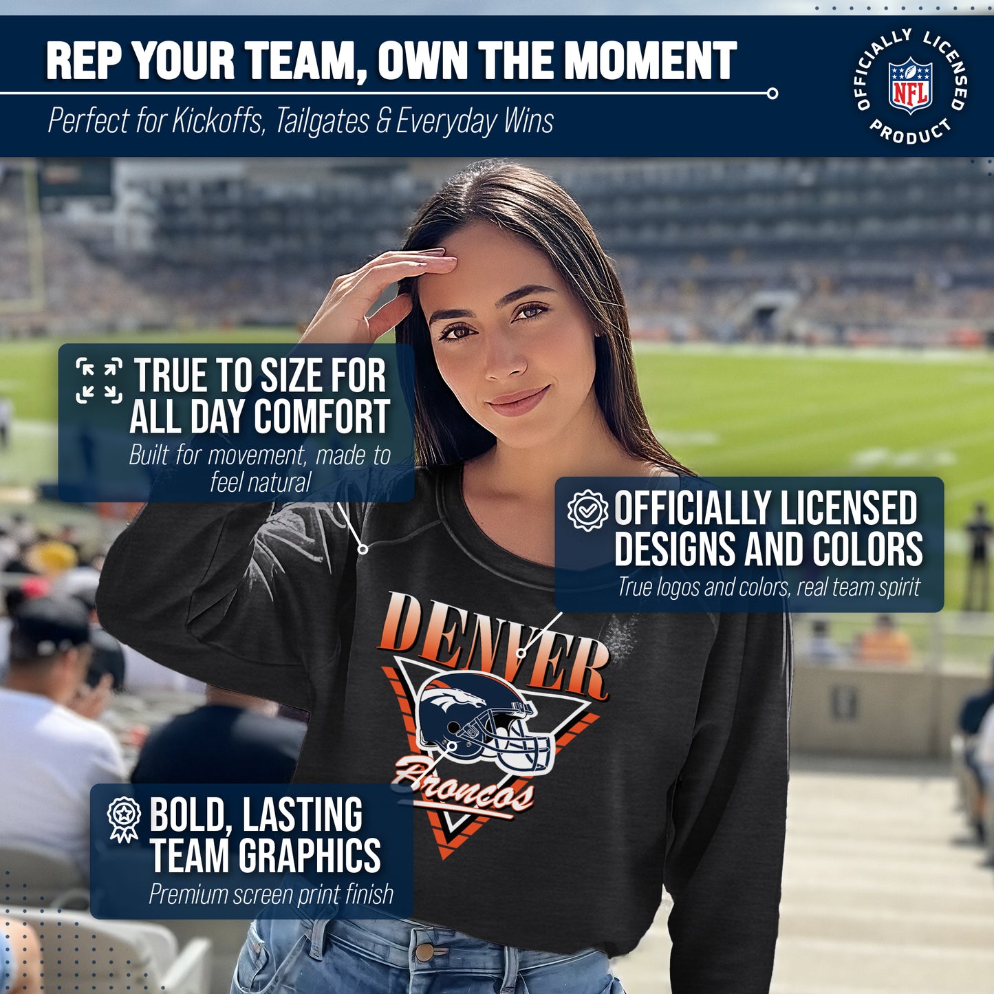 Denver Broncos NFL Womens Retro Triangle Slouchy Crewneck - Heather Charcoal