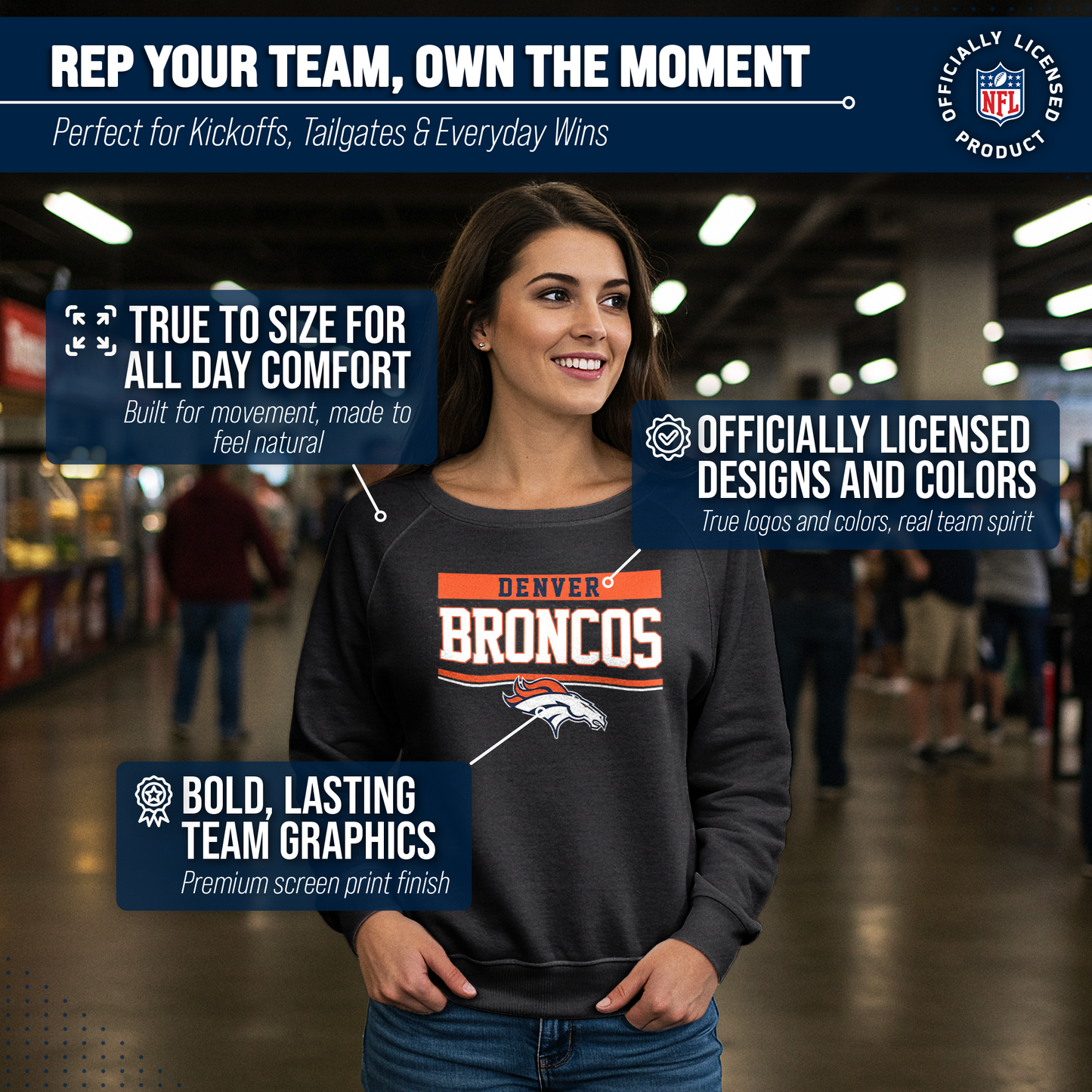 Denver Broncos NFL Womens Charcoal Crew Neck Football Apparel - Charcoal