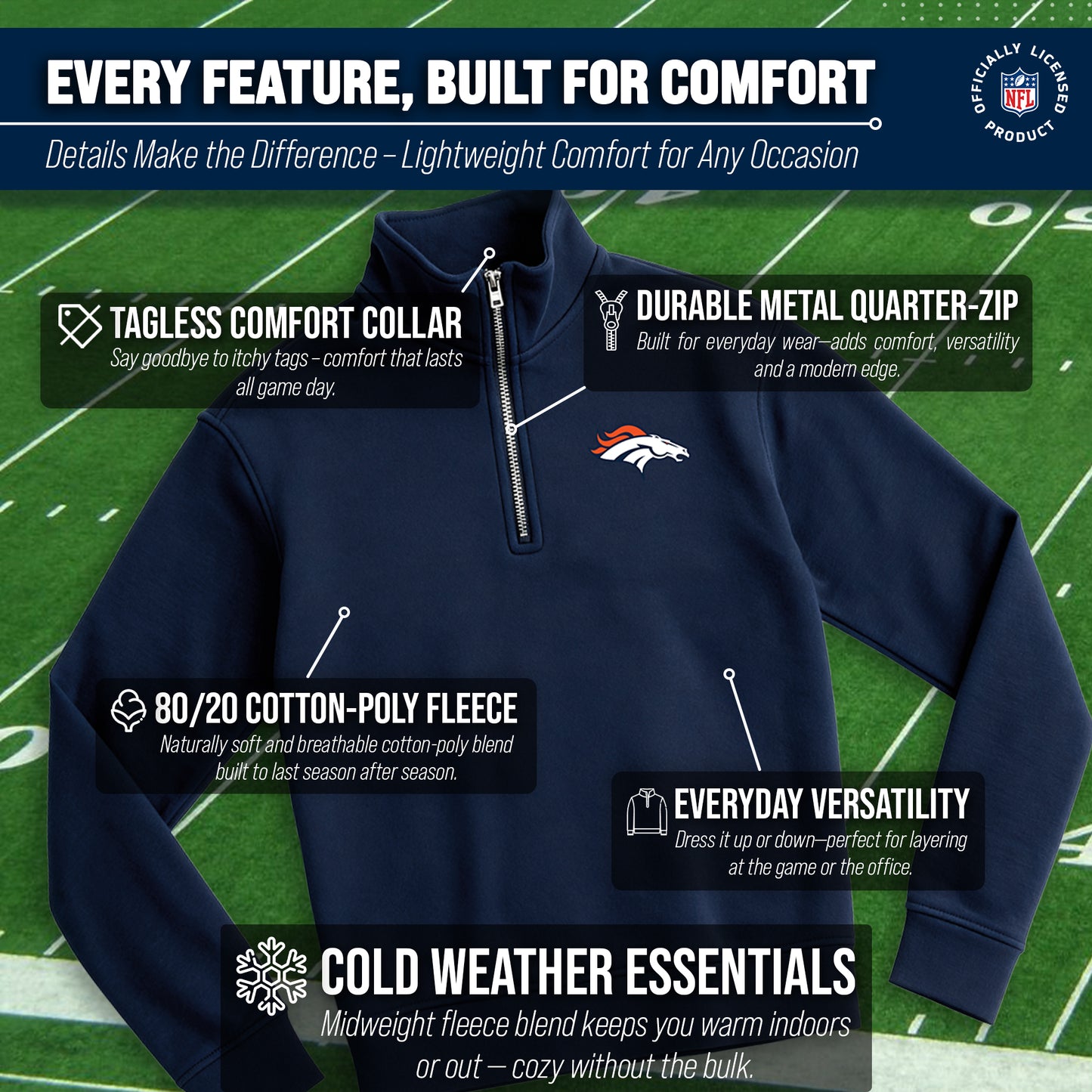 Denver Broncos NFL Adult Unisex Team Logo Quarter Zip Pullover Sweatshirt - Navy