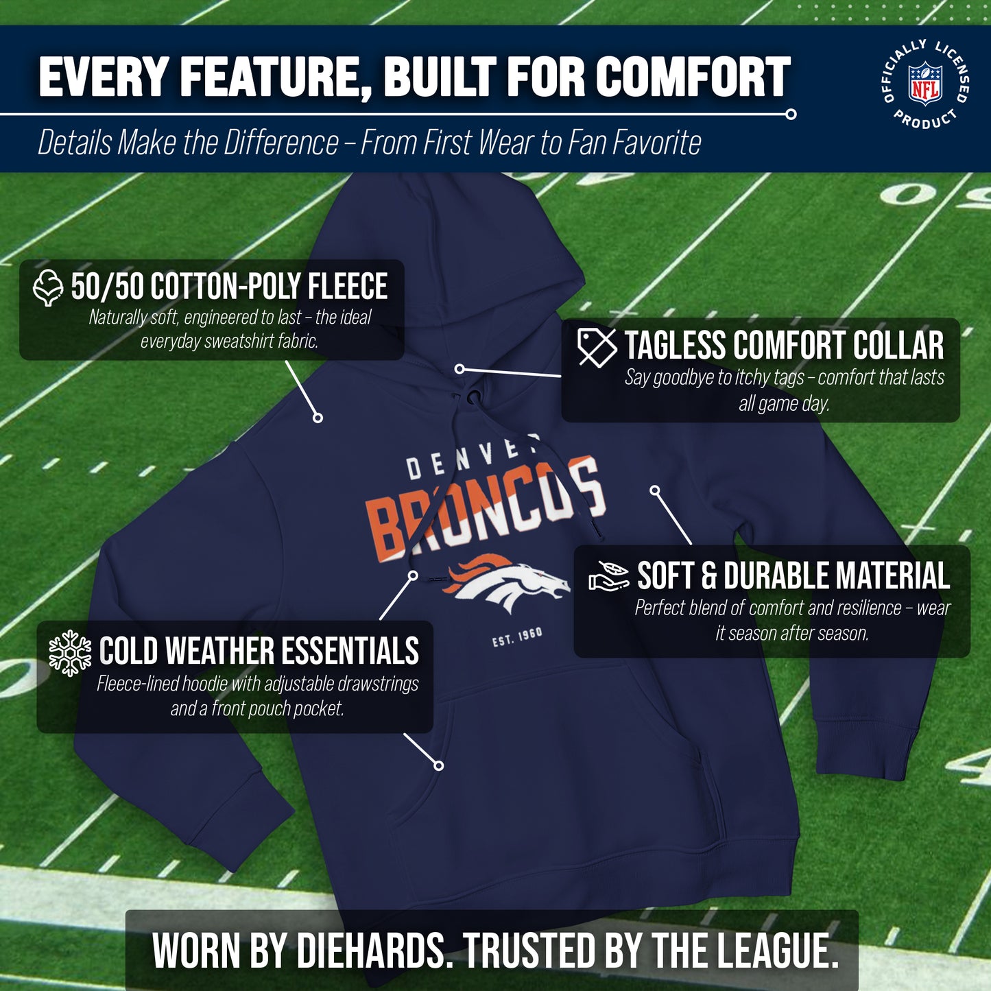 Denver Broncos Adult NFL Diagonal Fade Fleece Hooded Sweatshirt - Navy