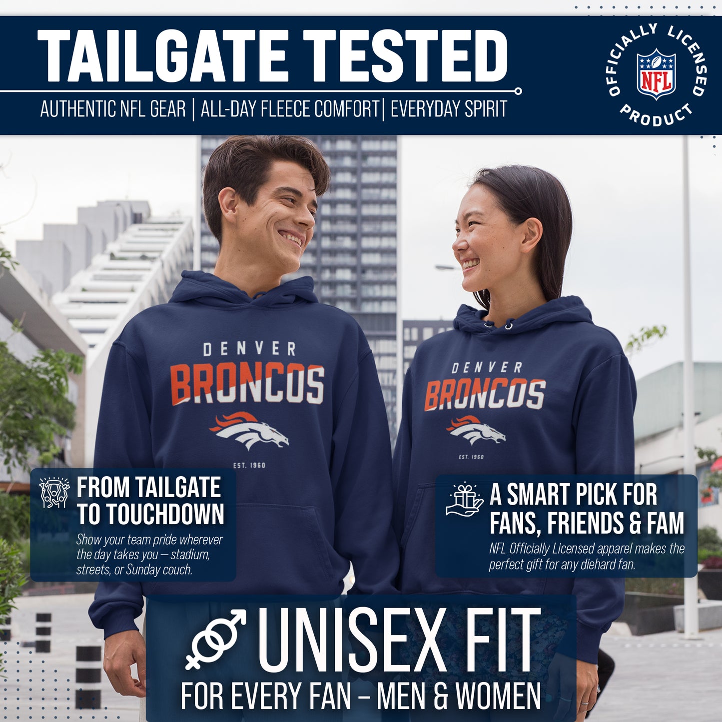Denver Broncos Adult NFL Diagonal Fade Fleece Hooded Sweatshirt - Navy