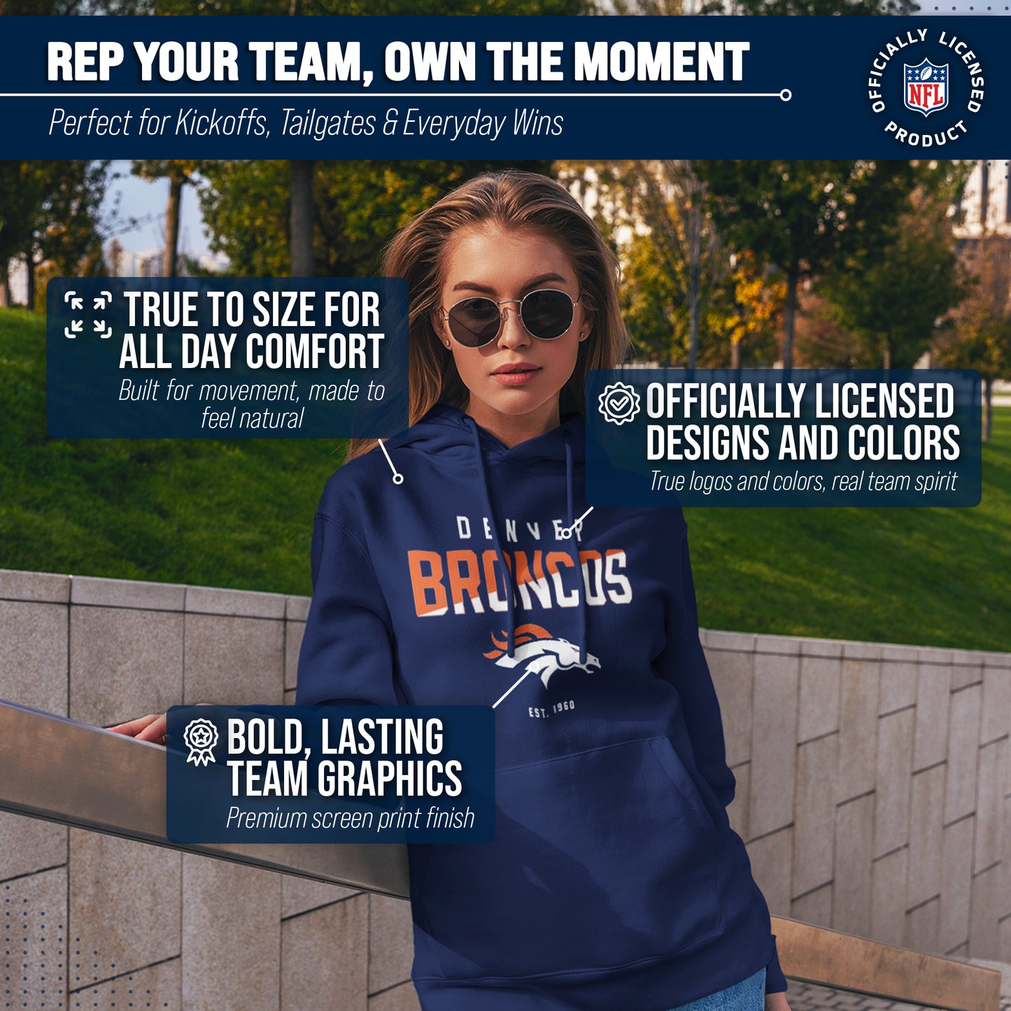 Denver Broncos Adult NFL Diagonal Fade Fleece Hooded Sweatshirt - Navy