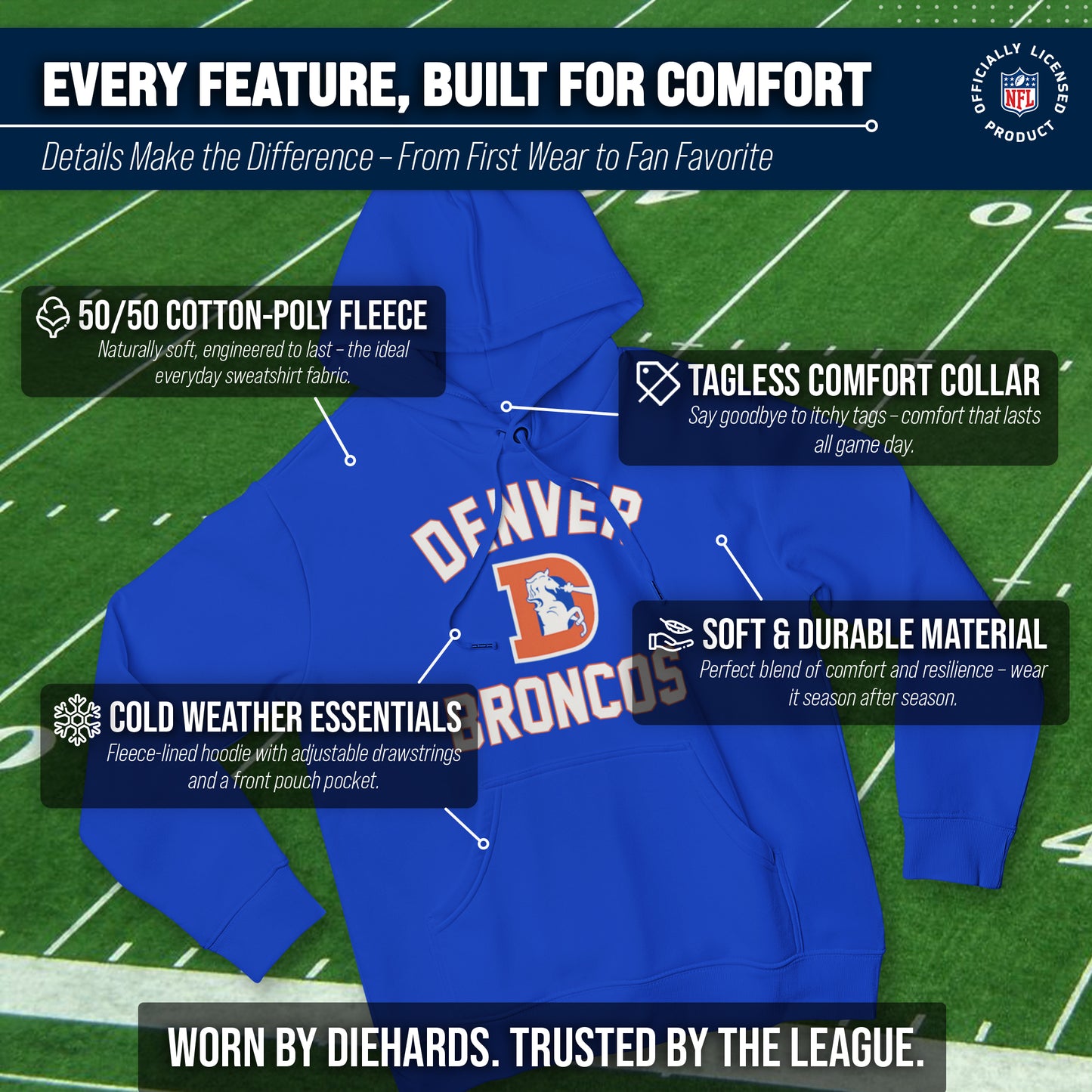 Denver Broncos NFL Adult Unisex Retro Gameday Ultra Soft Fleece Hooded Sweatshirt - Royal