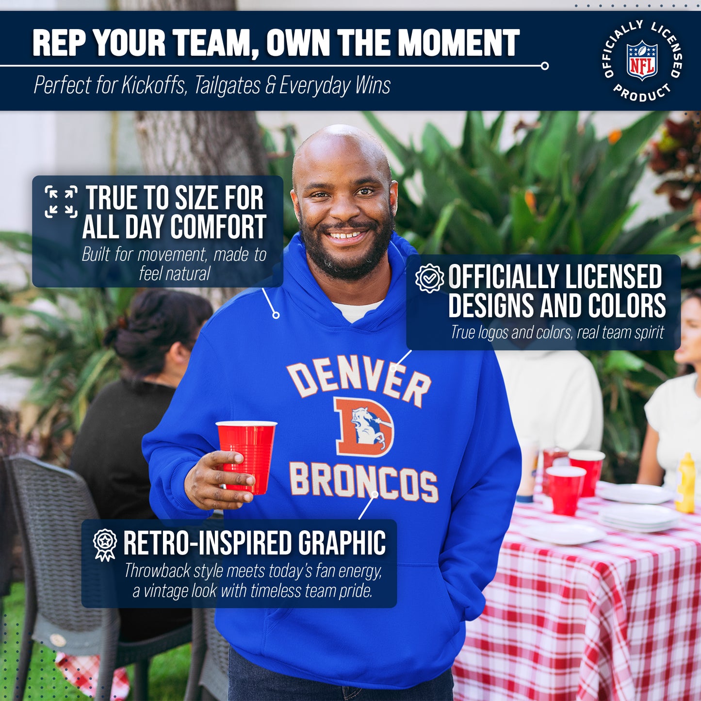 Denver Broncos NFL Adult Unisex Retro Gameday Ultra Soft Fleece Hooded Sweatshirt - Royal