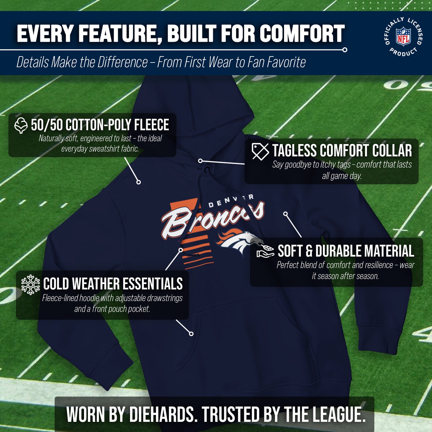 Denver Broncos NFL Adult Unisex Retro Script Ultra Soft Fleece Hooded Sweatshirt - Navy
