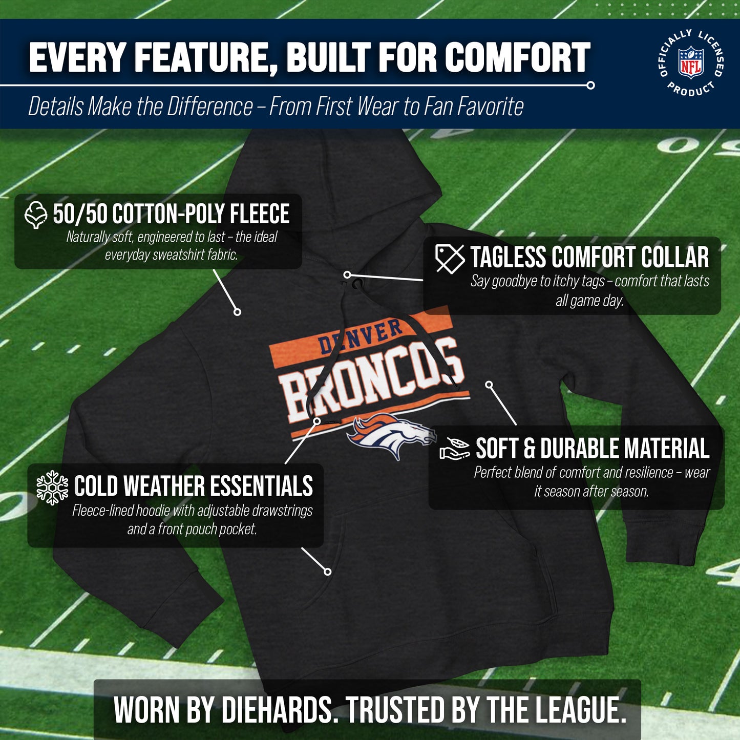Denver Broncos NFL Adult Gameday Charcoal Hooded Sweatshirt - Charcoal