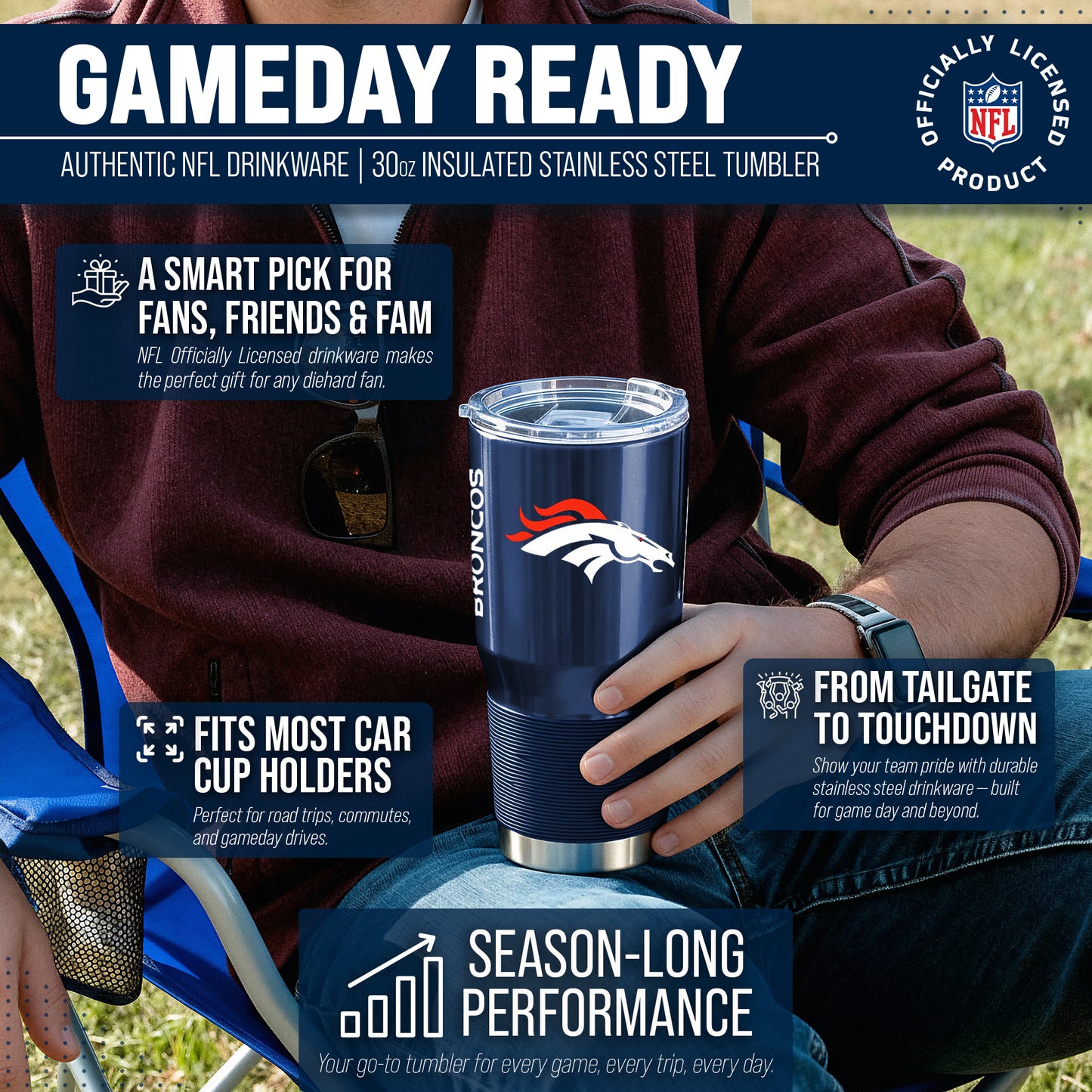 Denver Broncos NFL 30oz Gameday Stainless Steel Tumbler - Navy
