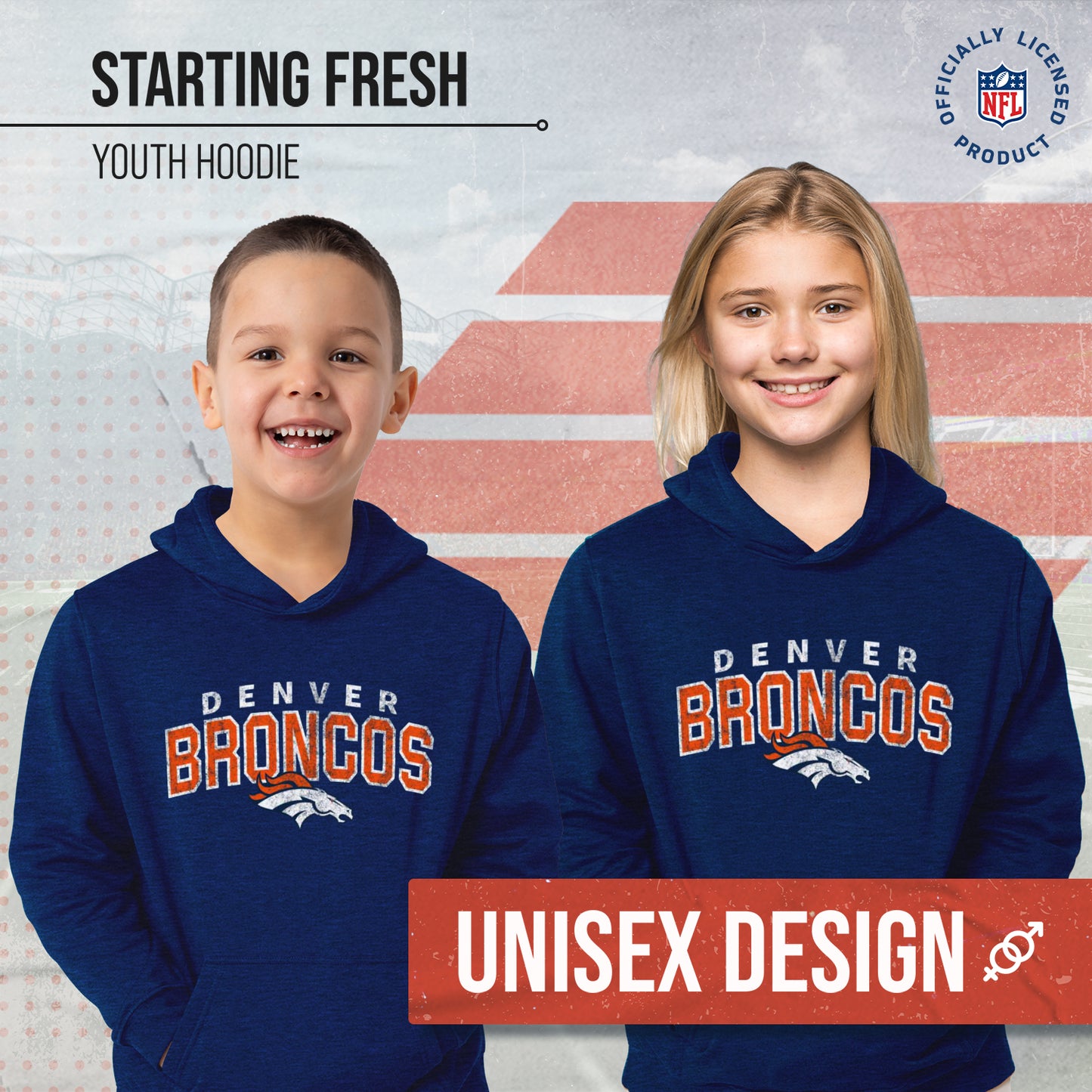 Denver Broncos NFL Youth Starting Fresh Hoodie- Pro Football Sweatshirt for Boys and Girls - Navy