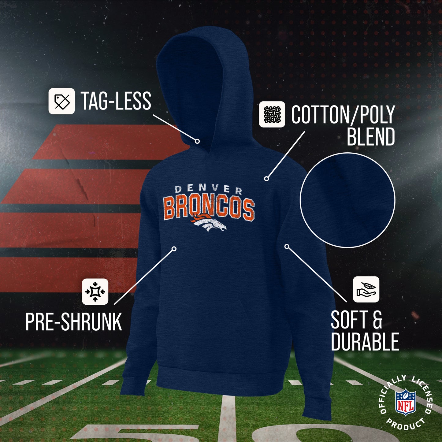 Denver Broncos NFL Youth Starting Fresh Hoodie- Pro Football Sweatshirt for Boys and Girls - Navy