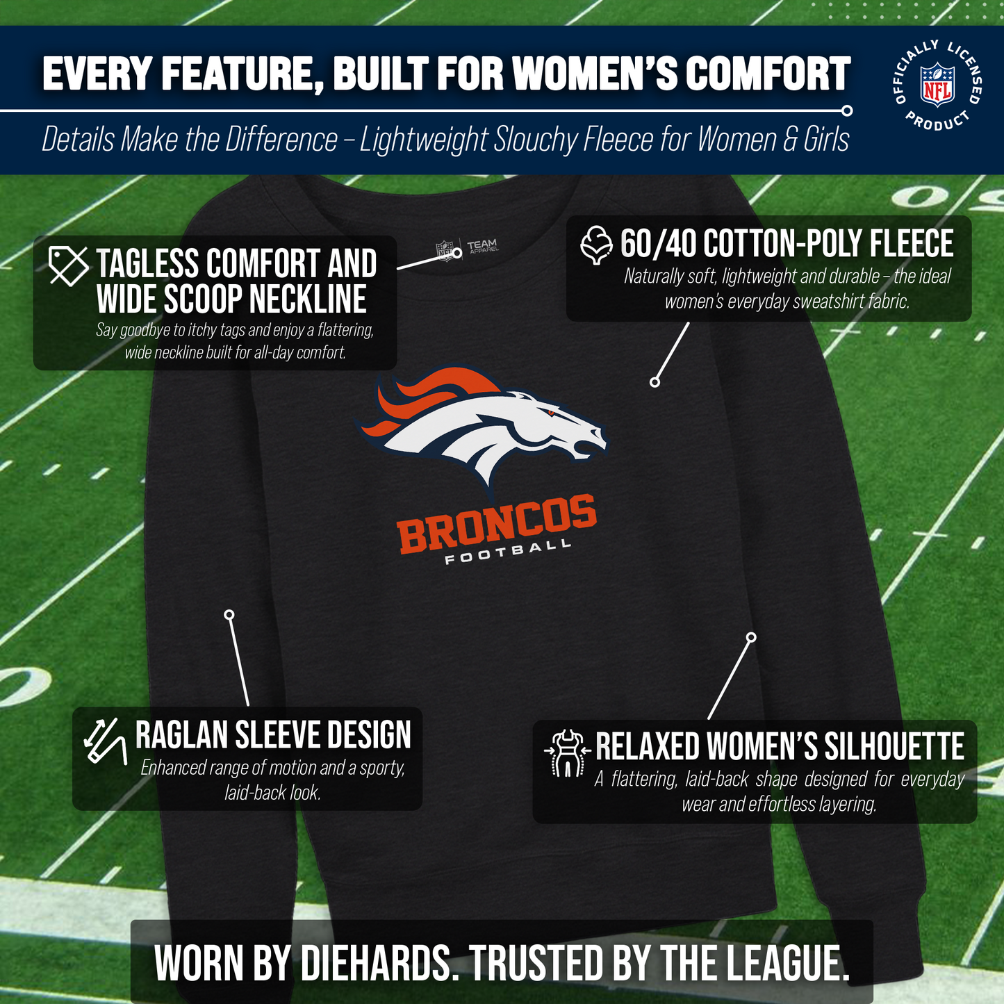 Denver Broncos Women's NFL Ultimate Fan Logo Slouchy Crewneck -Tagless Fleece Lightweight Pullover - Charcoal