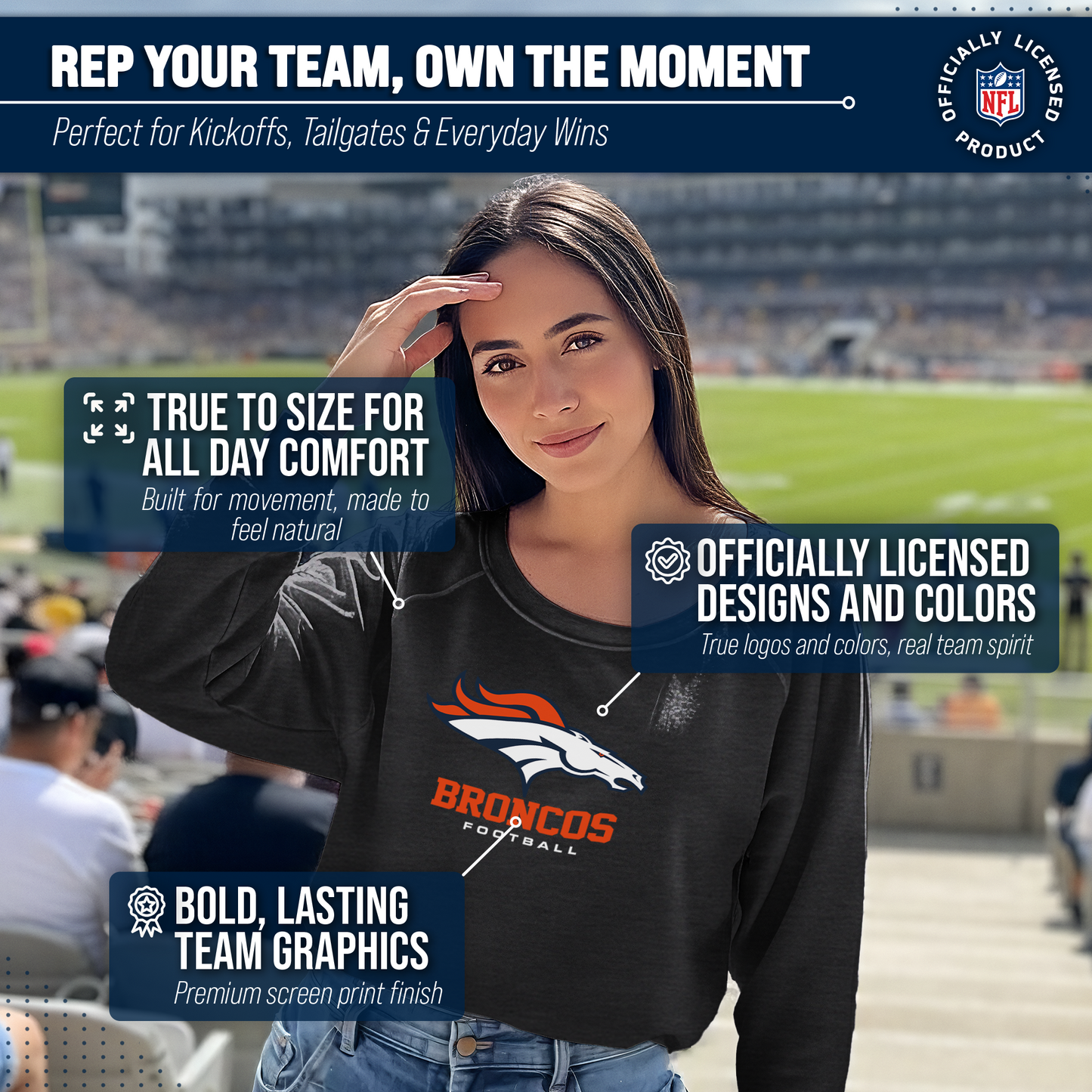 Denver Broncos Women's NFL Ultimate Fan Logo Slouchy Crewneck -Tagless Fleece Lightweight Pullover - Charcoal