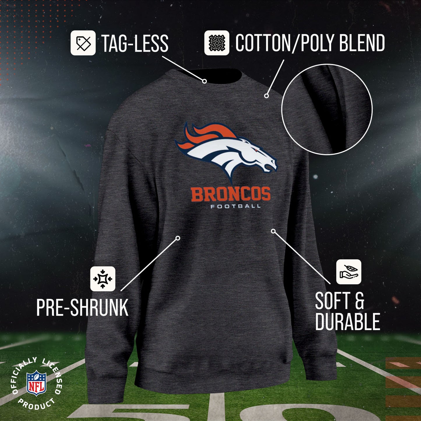 Denver Broncos Women's NFL Ultimate Fan Logo Slouchy Crewneck -Tagless Fleece Lightweight Pullover - Charcoal