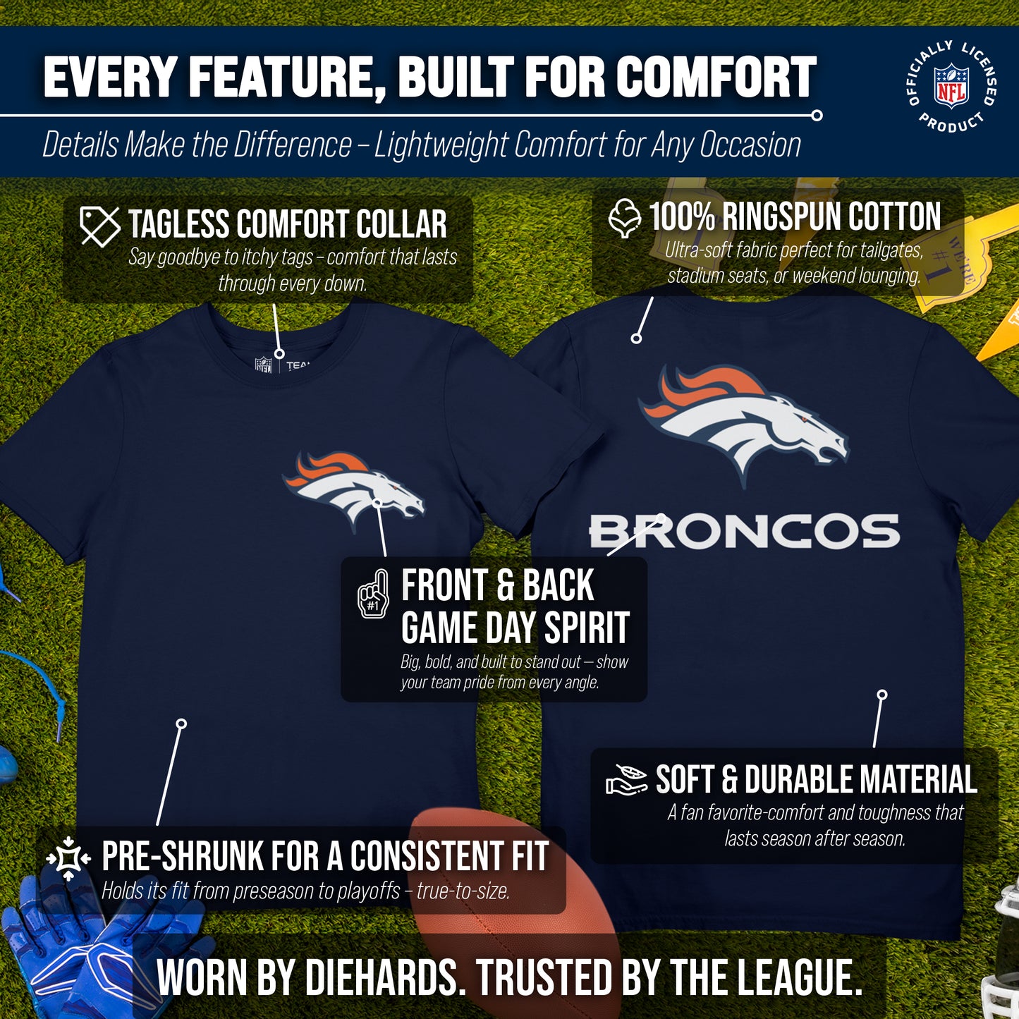 Denver Broncos NFL Pro Football Final Countdown Adult Cotton-Poly Short Sleeved T-Shirt For Men & Women - Navy