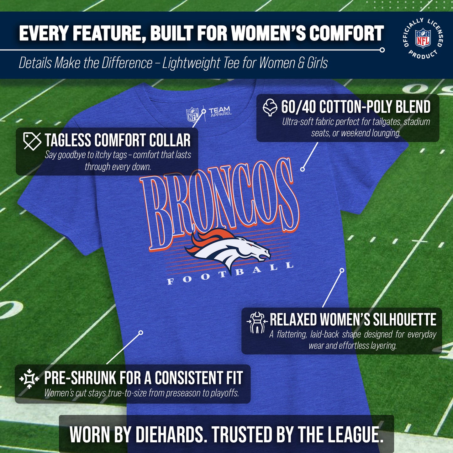 Denver Broncos NFL Womens Overtime Blueprint Tag-Less T-Shirt - Royal